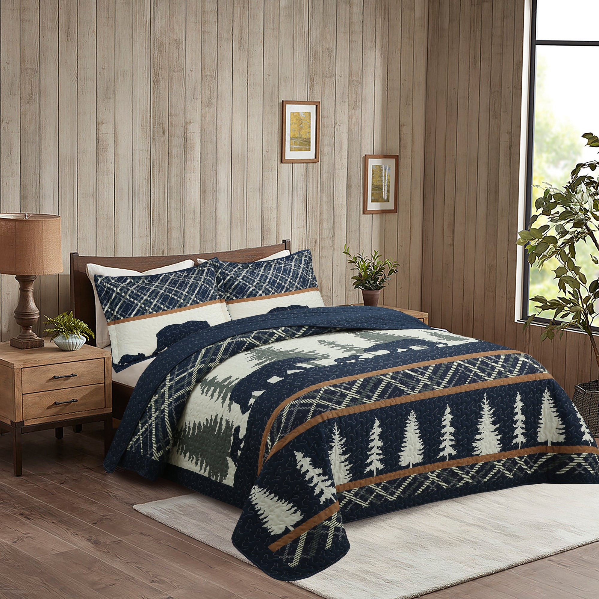 3 Piece Rustic Cabin Bear Forest Quilt Set – Lodge Country Bedspread ME504