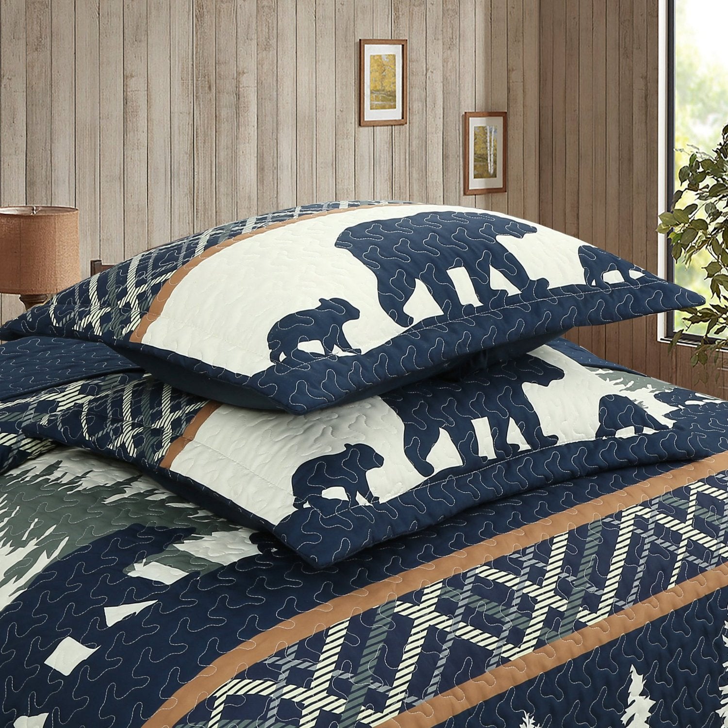 3 Pcs Cabin Lodge Rustic Country Bear Quilt Bedspread Set ME504