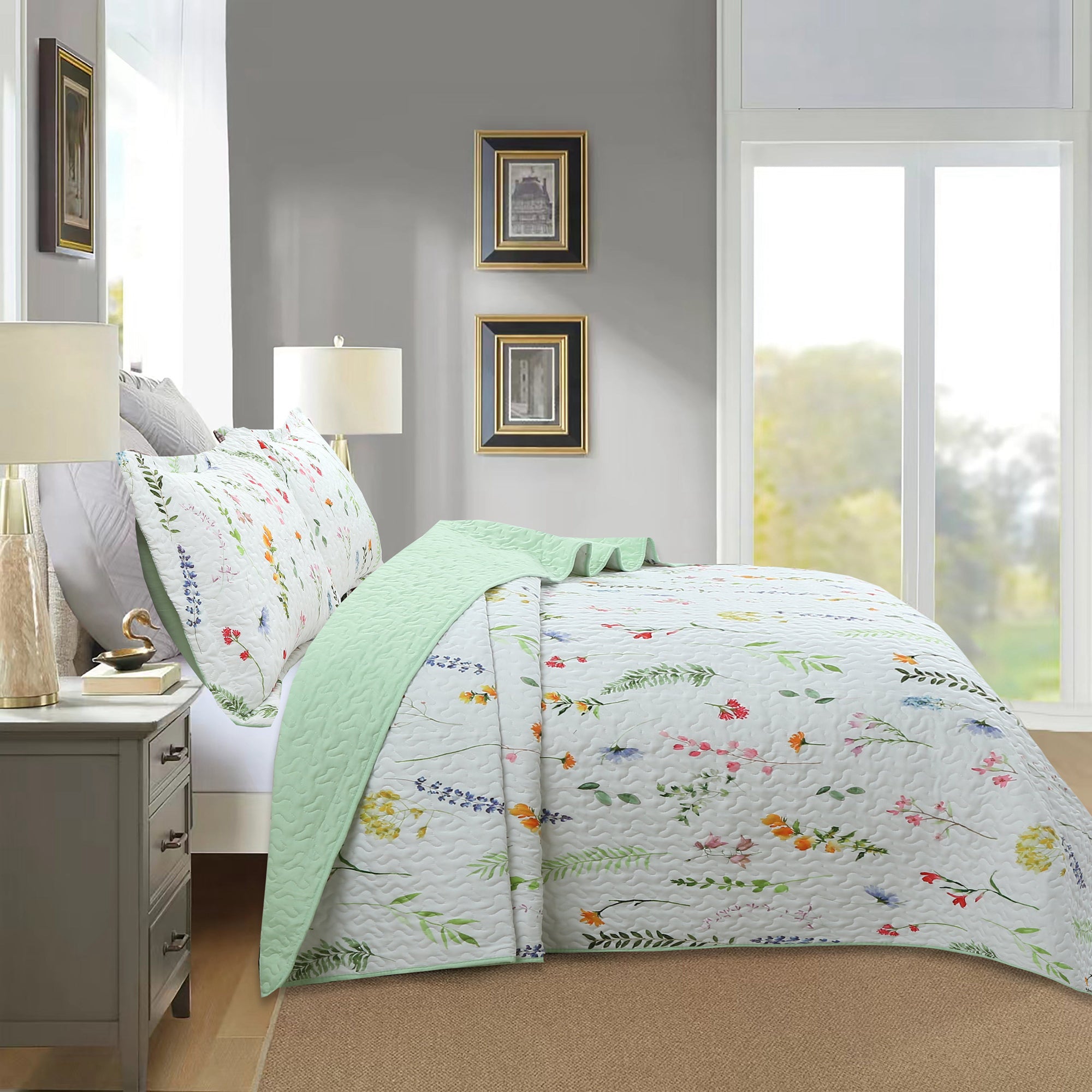 3 Piece Botanical Floral Quilt Set – Lightweight Garden Flower Bedspread ME505