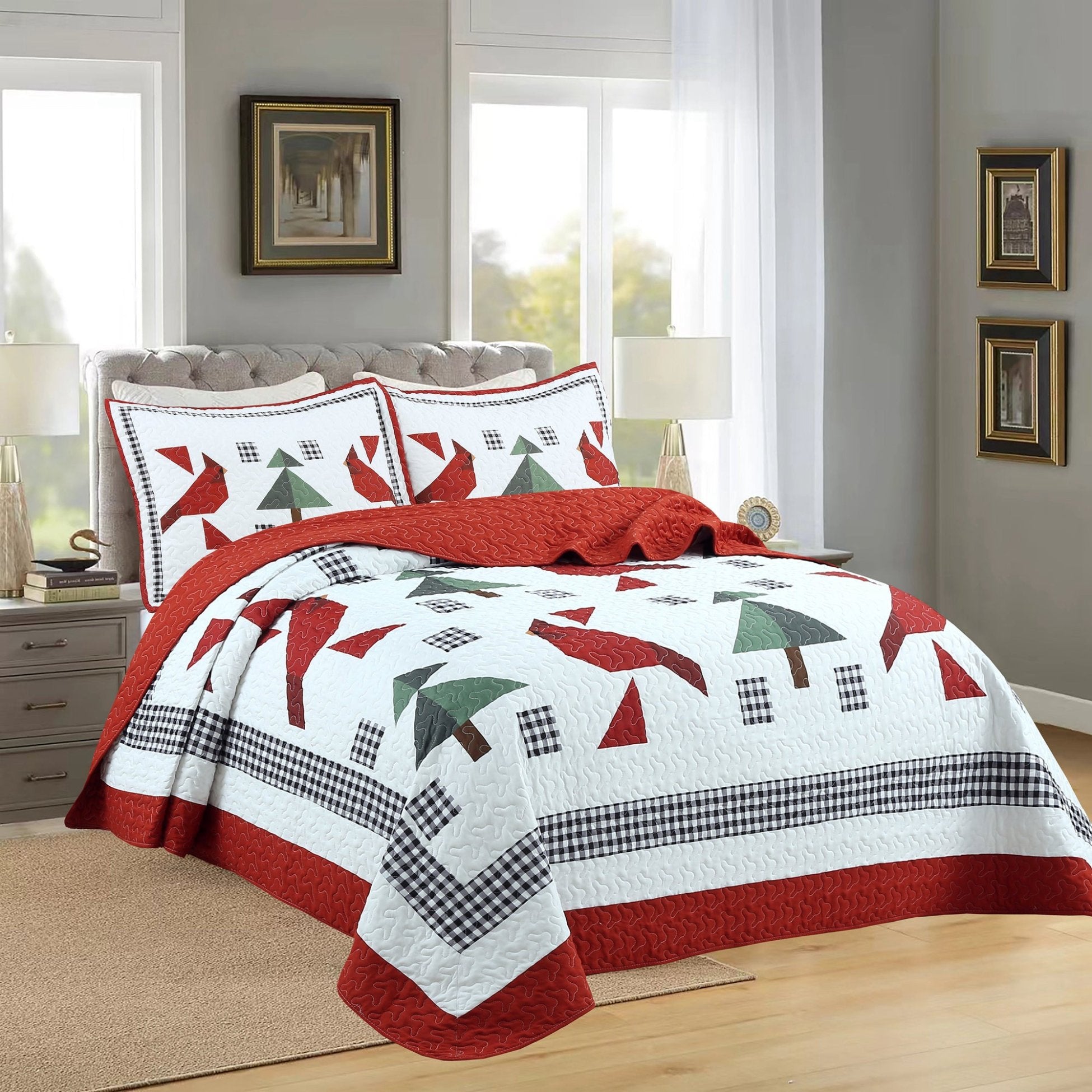 3 Piece Christmas Cardinal Quilt Set – Winter Holiday Bedspread ME509