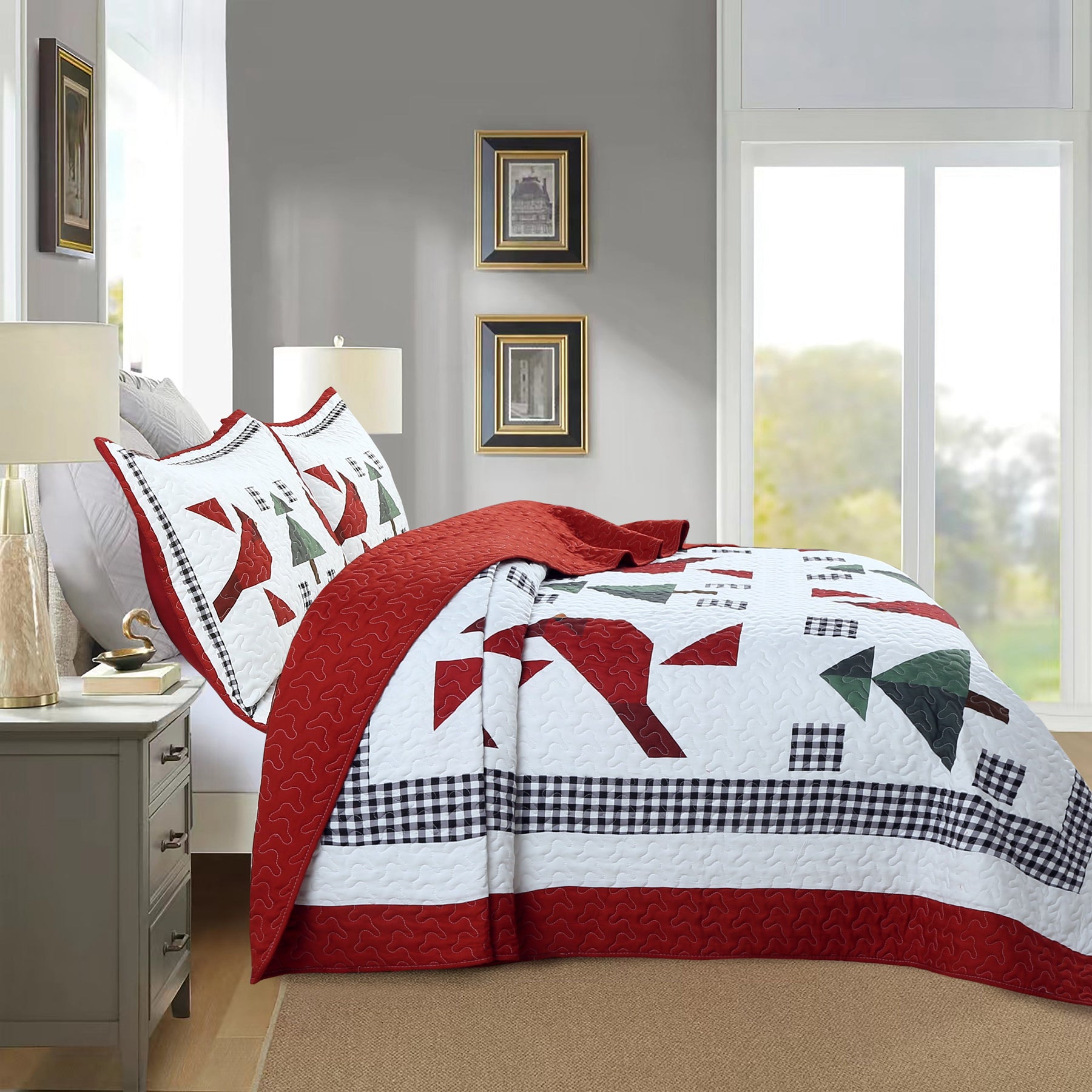 3 Pcs Winter Red Cardinals Christmas Quilt Bedspread Set ME509