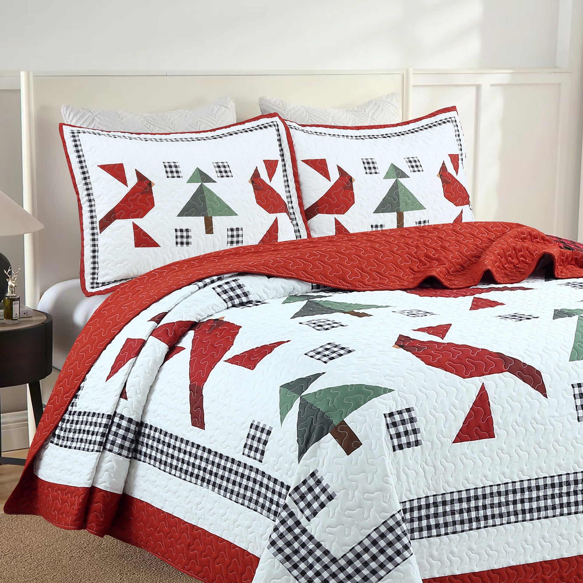 3 Pcs Winter Red Cardinals Christmas Quilt Bedspread Set ME509