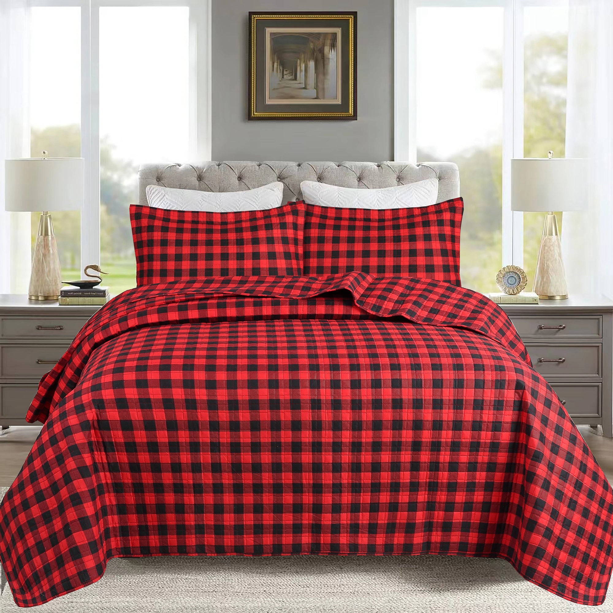3 Piece Buffalo Plaid Christmas Quilt Set – Red Black Checkered Bedspread ME506