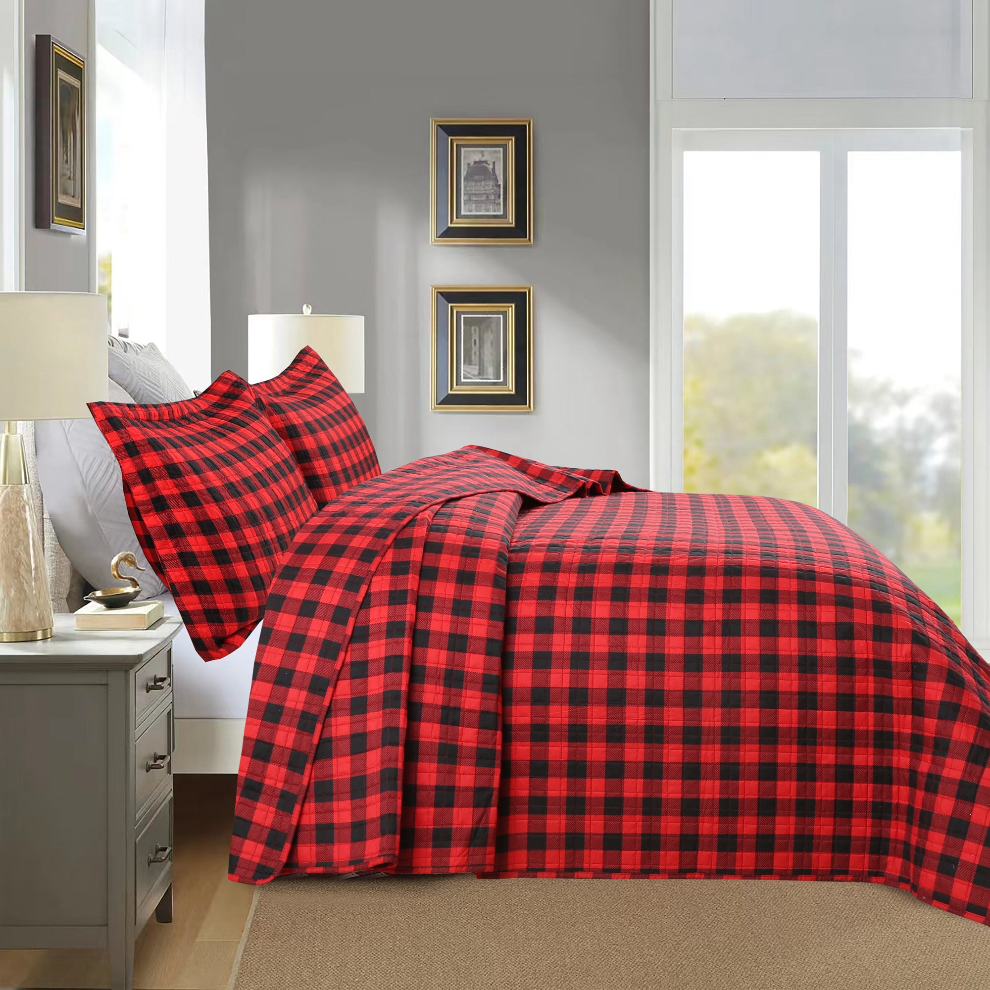 3 Piece Buffalo Plaid Christmas Quilt Set – Red Black Checkered Bedspread ME506