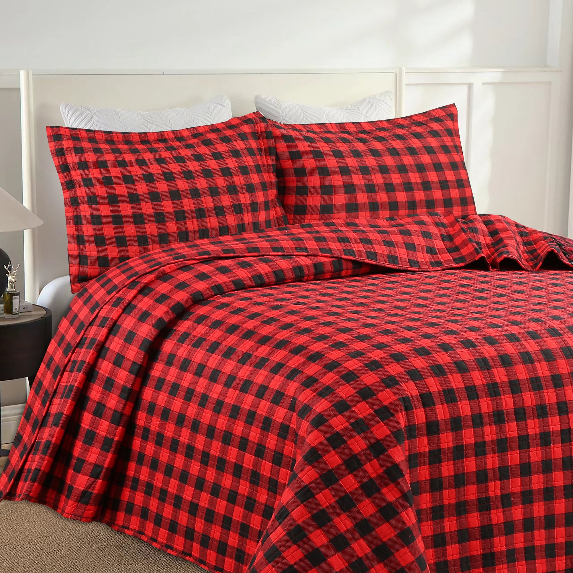 3 Piece Buffalo Plaid Christmas Quilt Set – Red Black Checkered Bedspread ME506