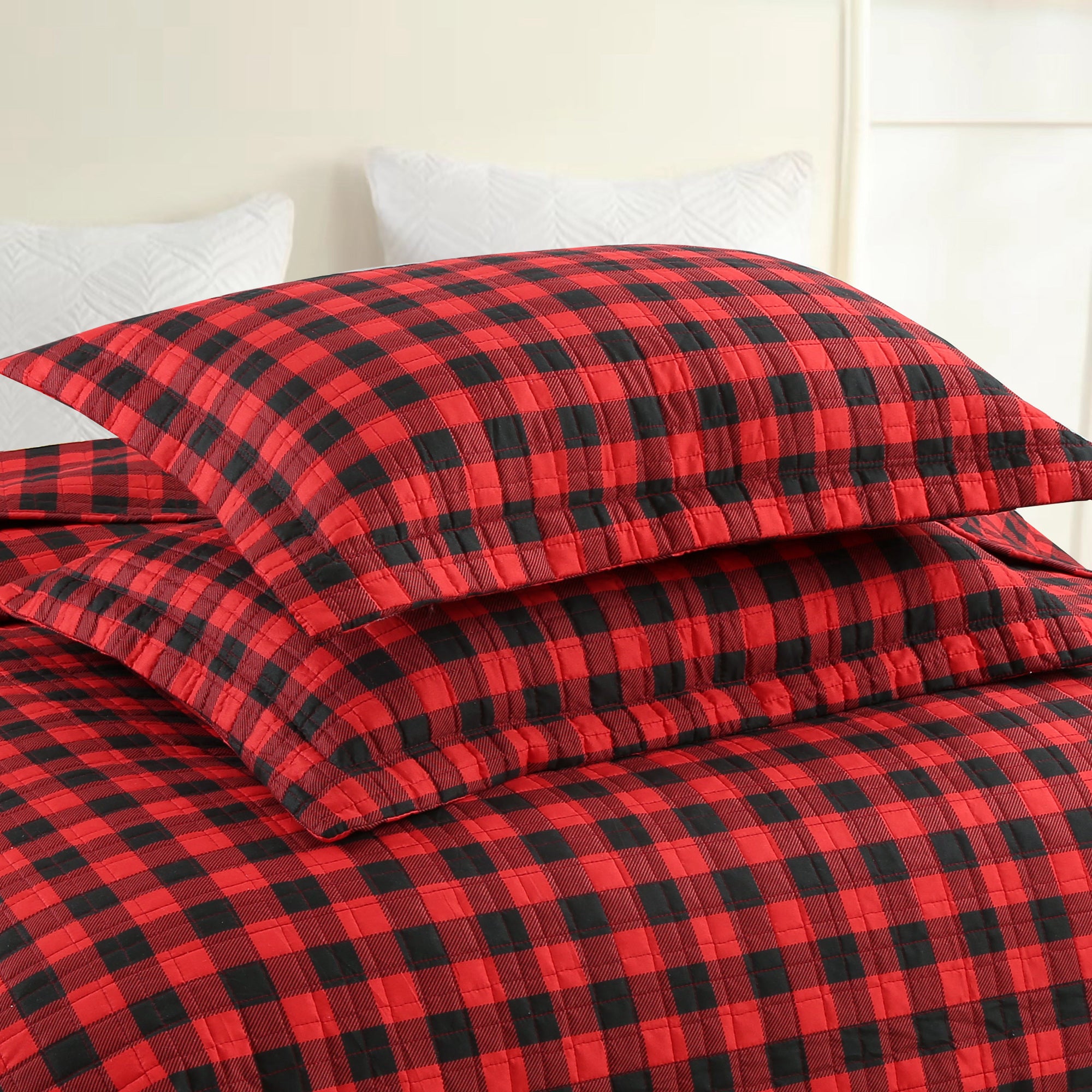 3 Piece Buffalo Plaid Christmas Quilt Set – Red Black Checkered Bedspread ME506