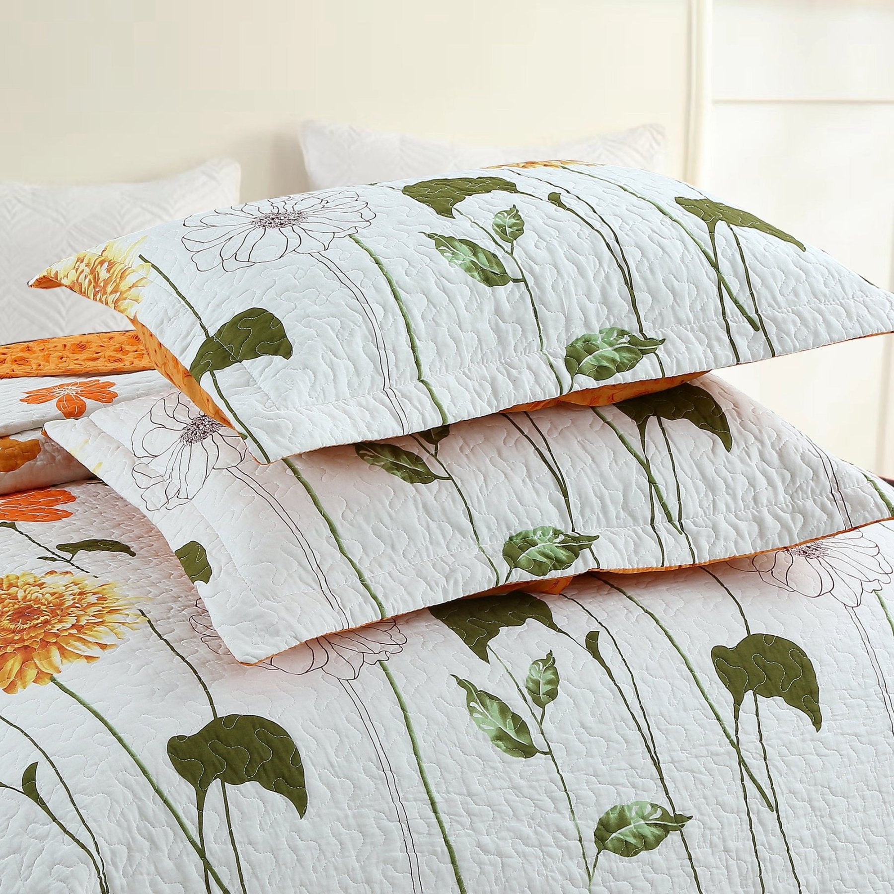 3 Piece 100% Cotton Botanical Floral Quilt Set – Lightweight Reversible Bedspread ME508