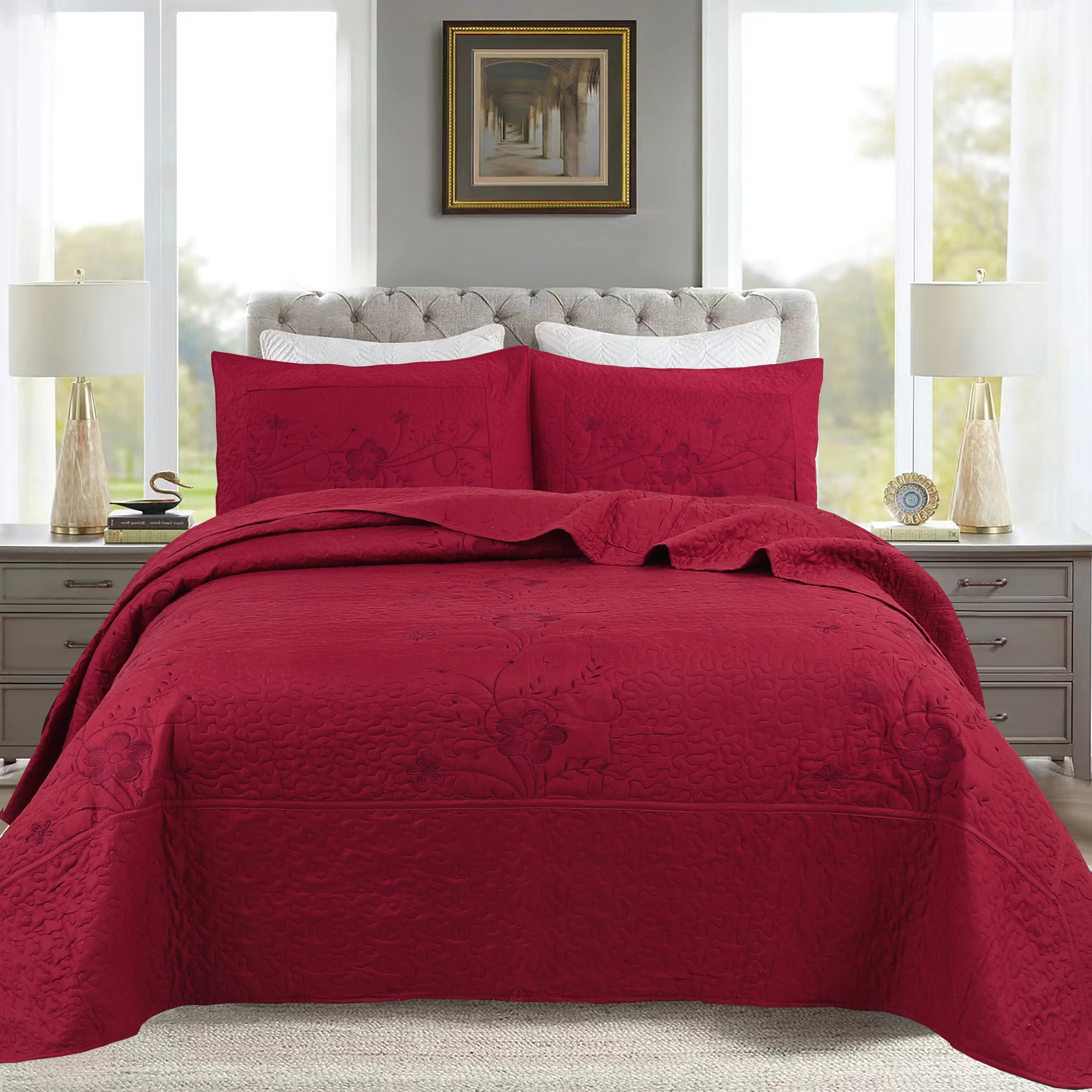 3 Piece Queen Size Embroidered Floral Quilt Bedspread Set