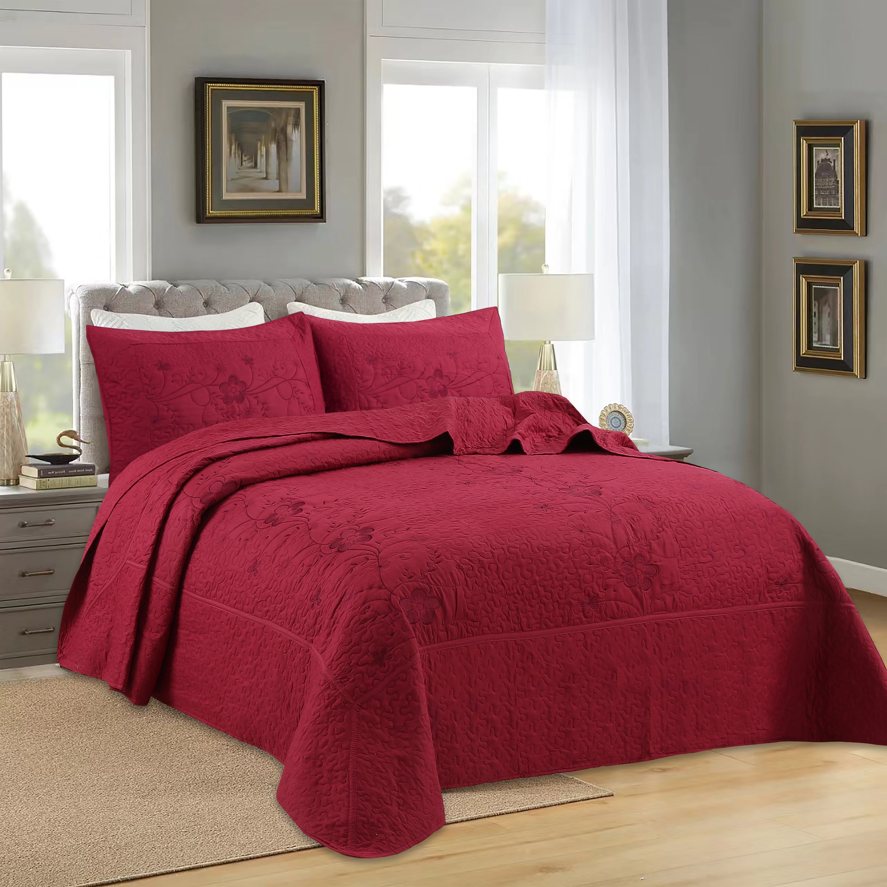 3 Piece Queen Size Embroidered Floral Quilt Bedspread Set