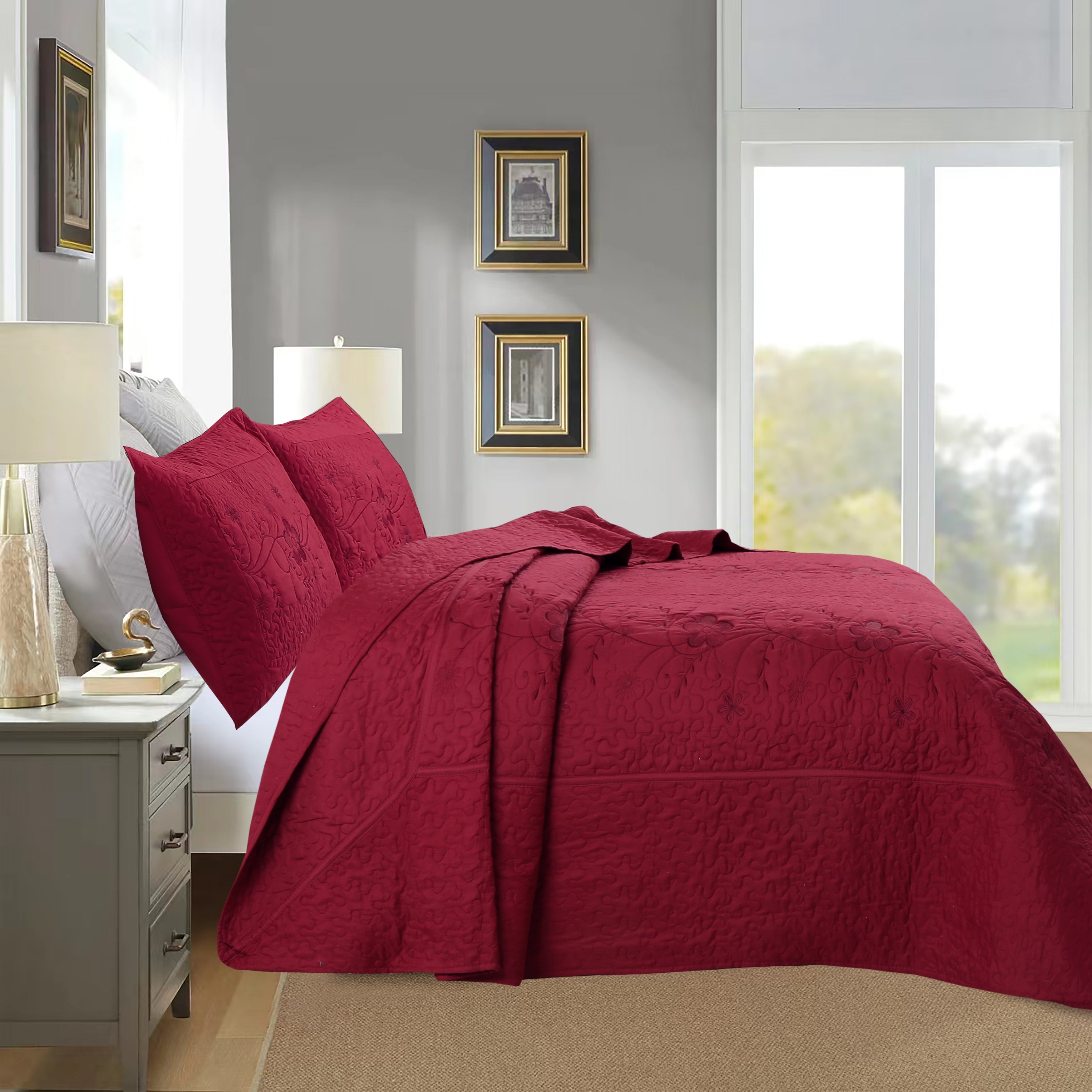 3 Piece Queen Size Embroidered Floral Quilt Bedspread Set