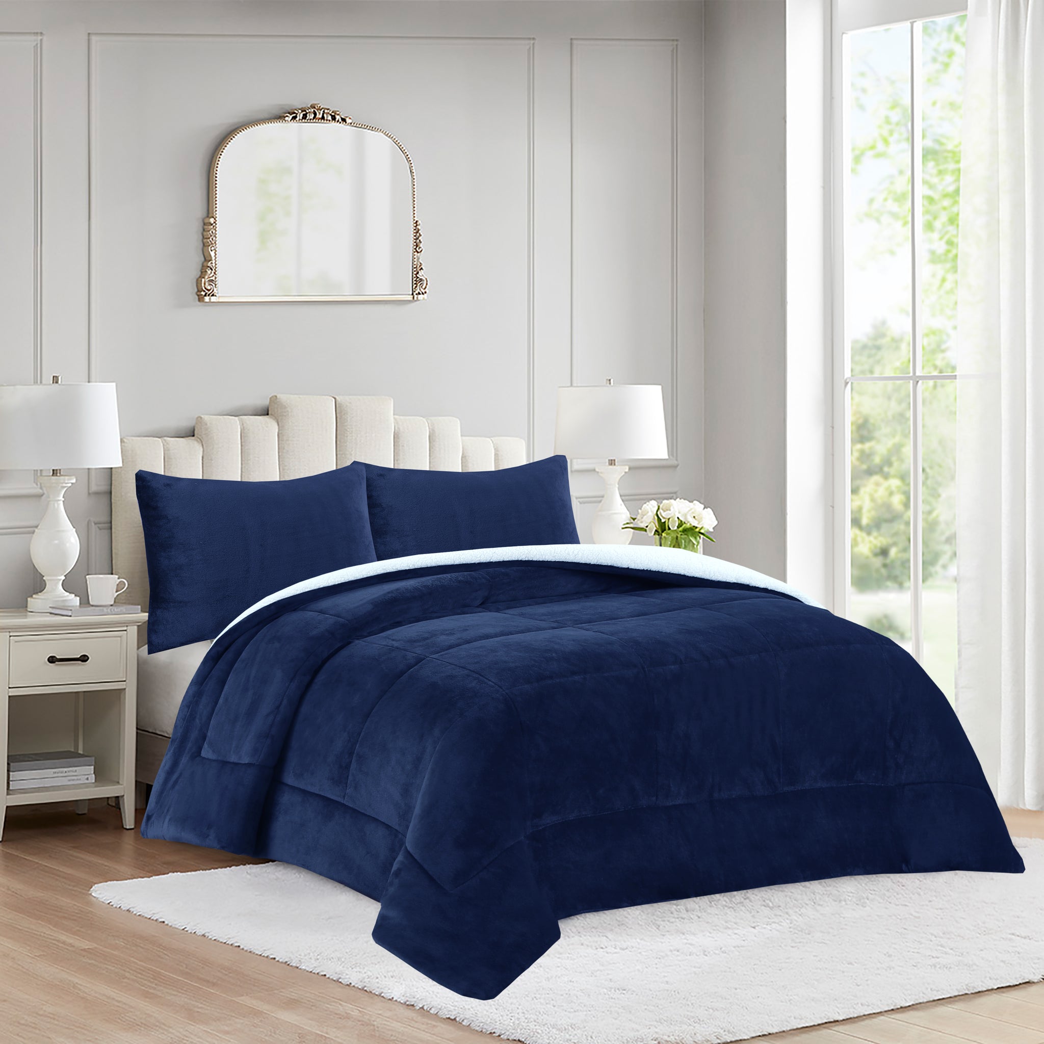 Soft Micromink Sherpa Comforter Set, 3-Piece Comforter Set – Fluffy Ultra Cozy, Warm, and Plush Reversible Comforter with 2 Pillowcase, Queen/King Size