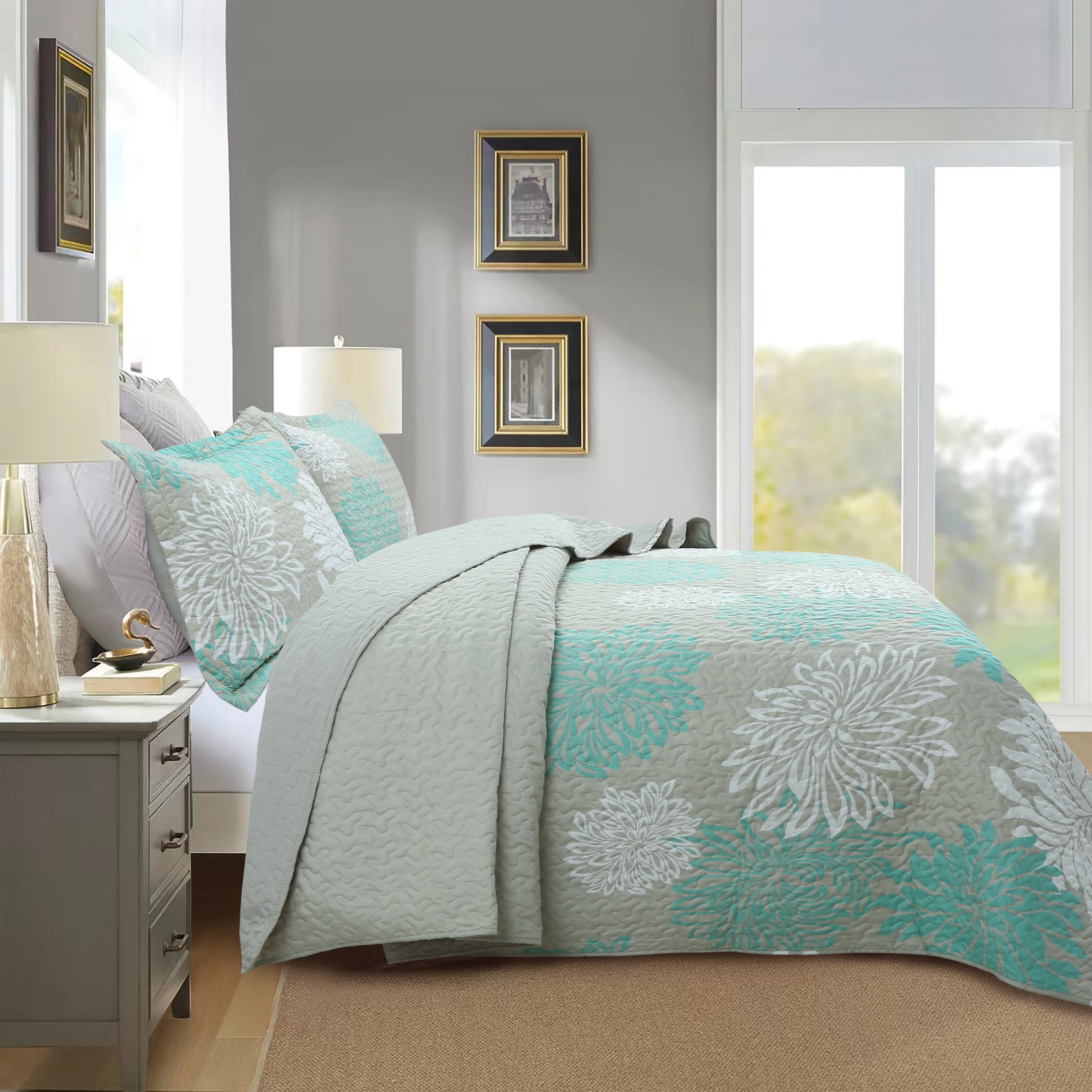 3 Piece Printed Leaf Lightweight Quilt Bedspread Set ME510
