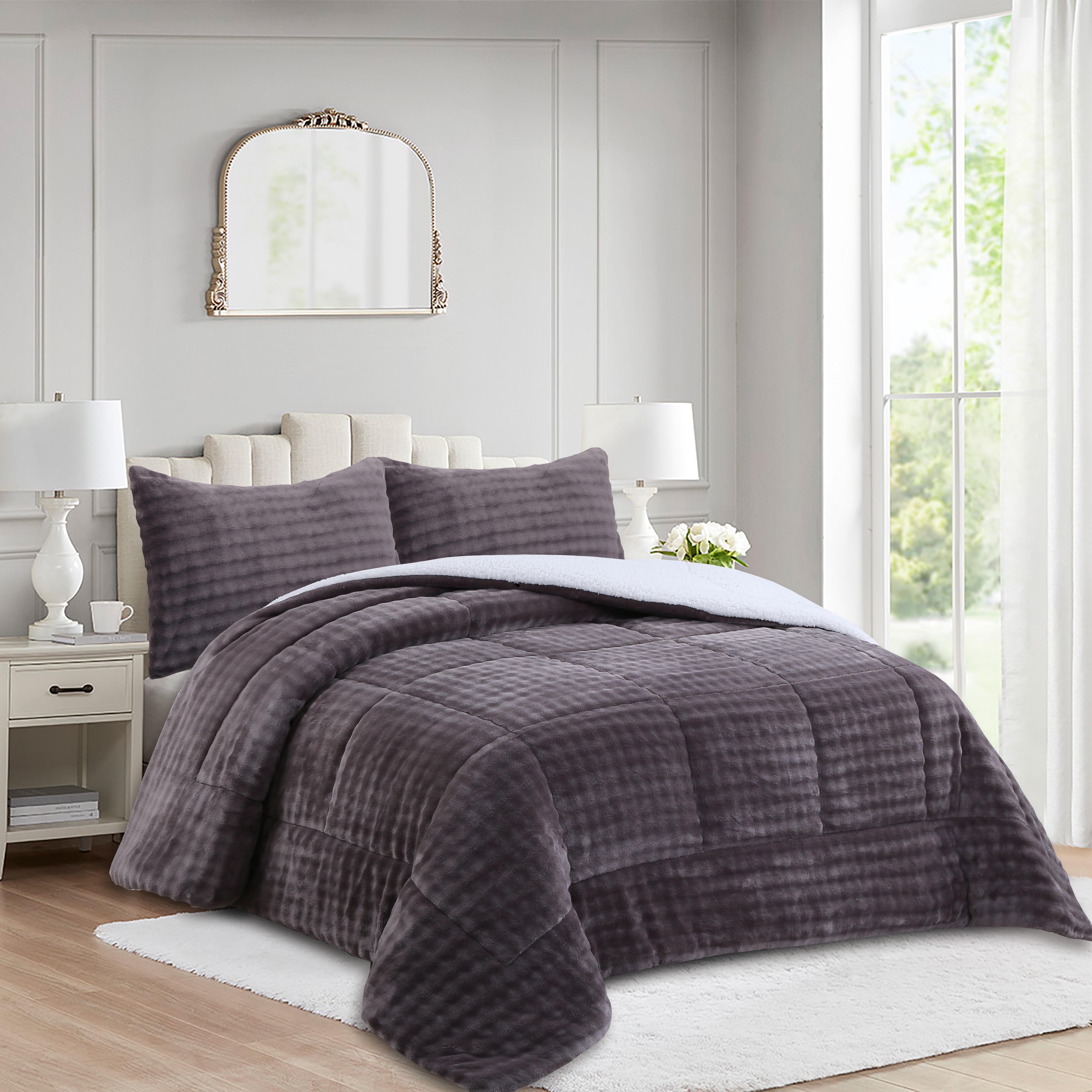 3 Piece Plush Flannel Comforter Set – Soft Bubble Velvet