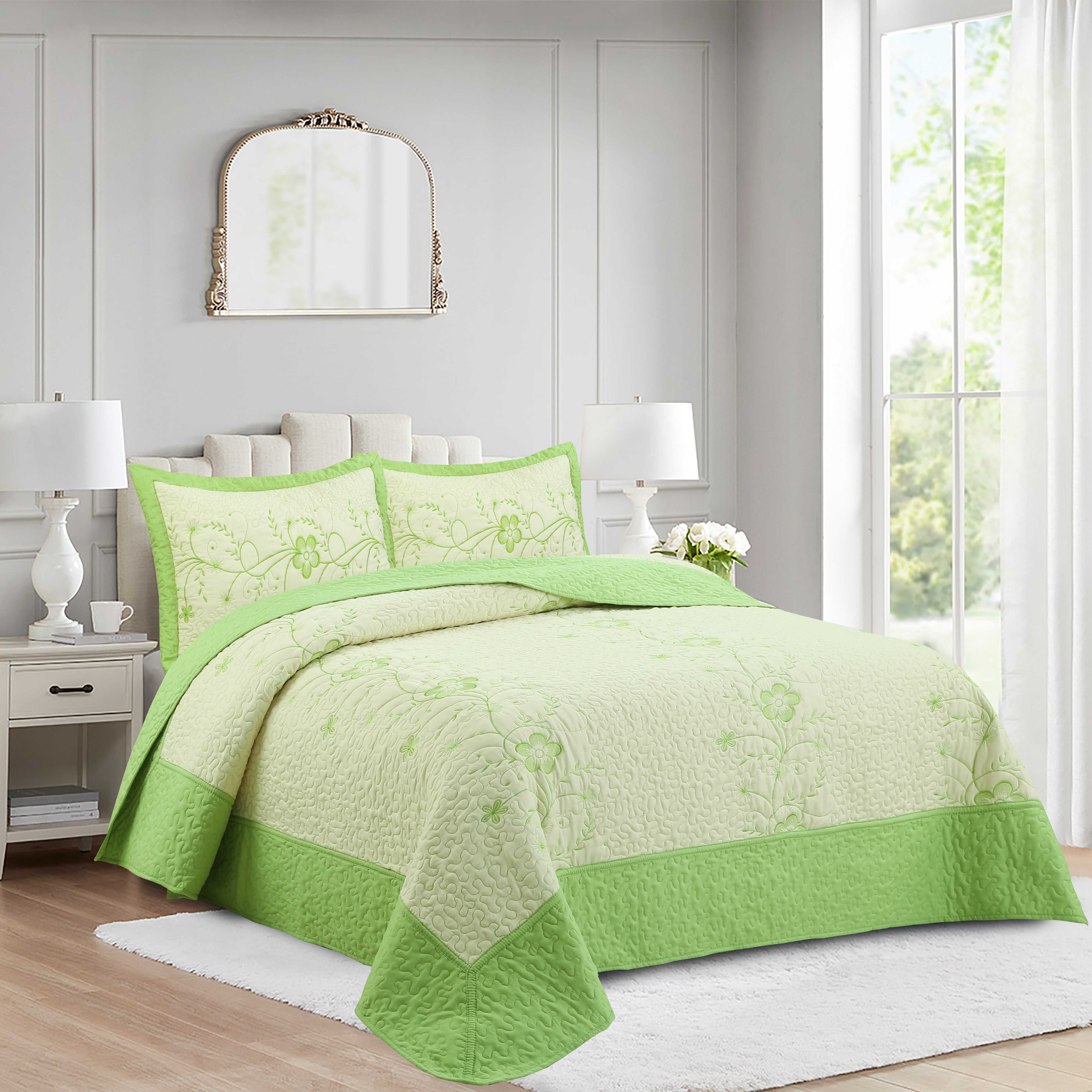 3 Piece Queen Size Embroidered Floral Quilt Bedspread Set