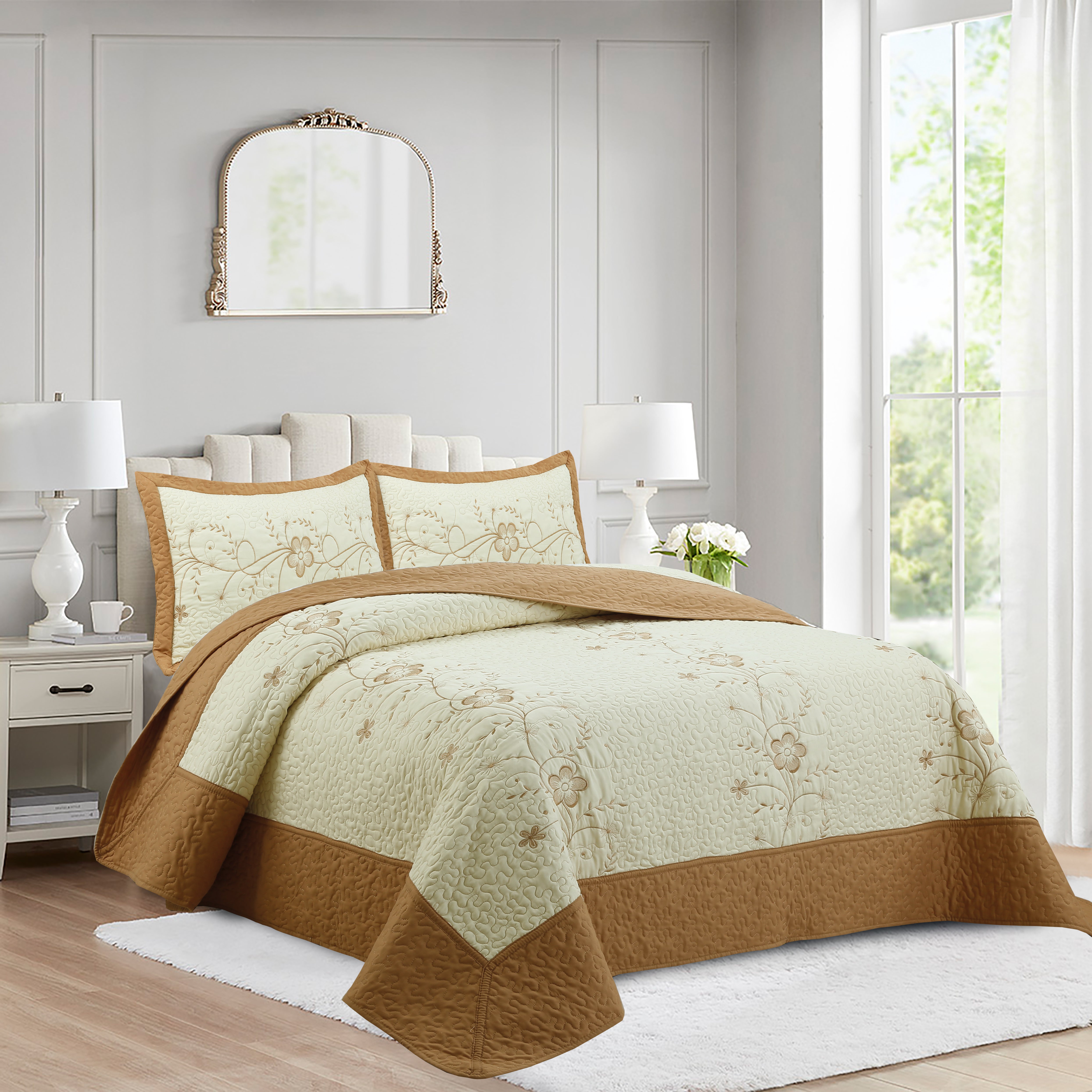 3 Piece Queen Size Embroidered Floral Quilt Bedspread Set
