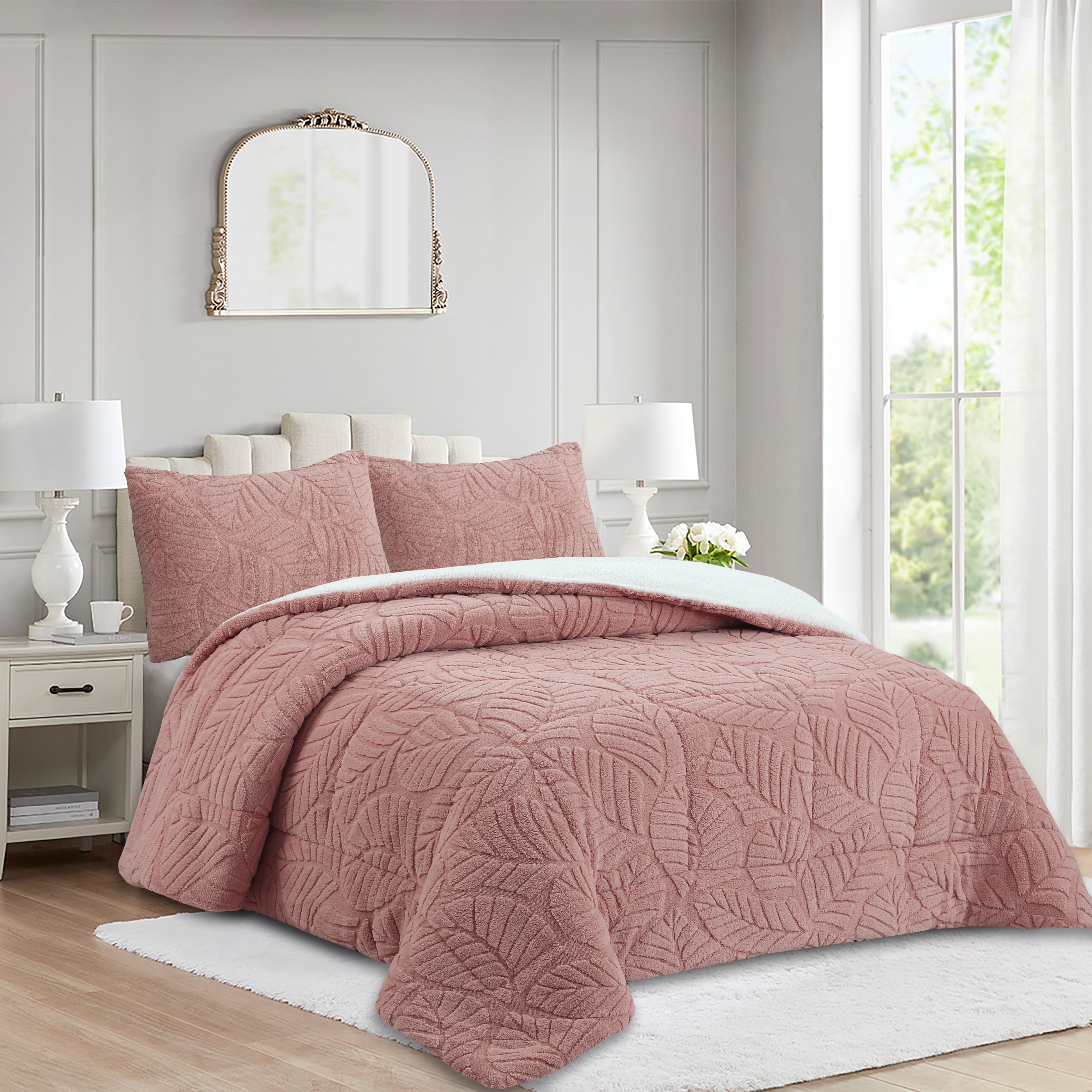 Soft 3 Piece Leaf Pattern Jacquard Plush Comforter Set MEL