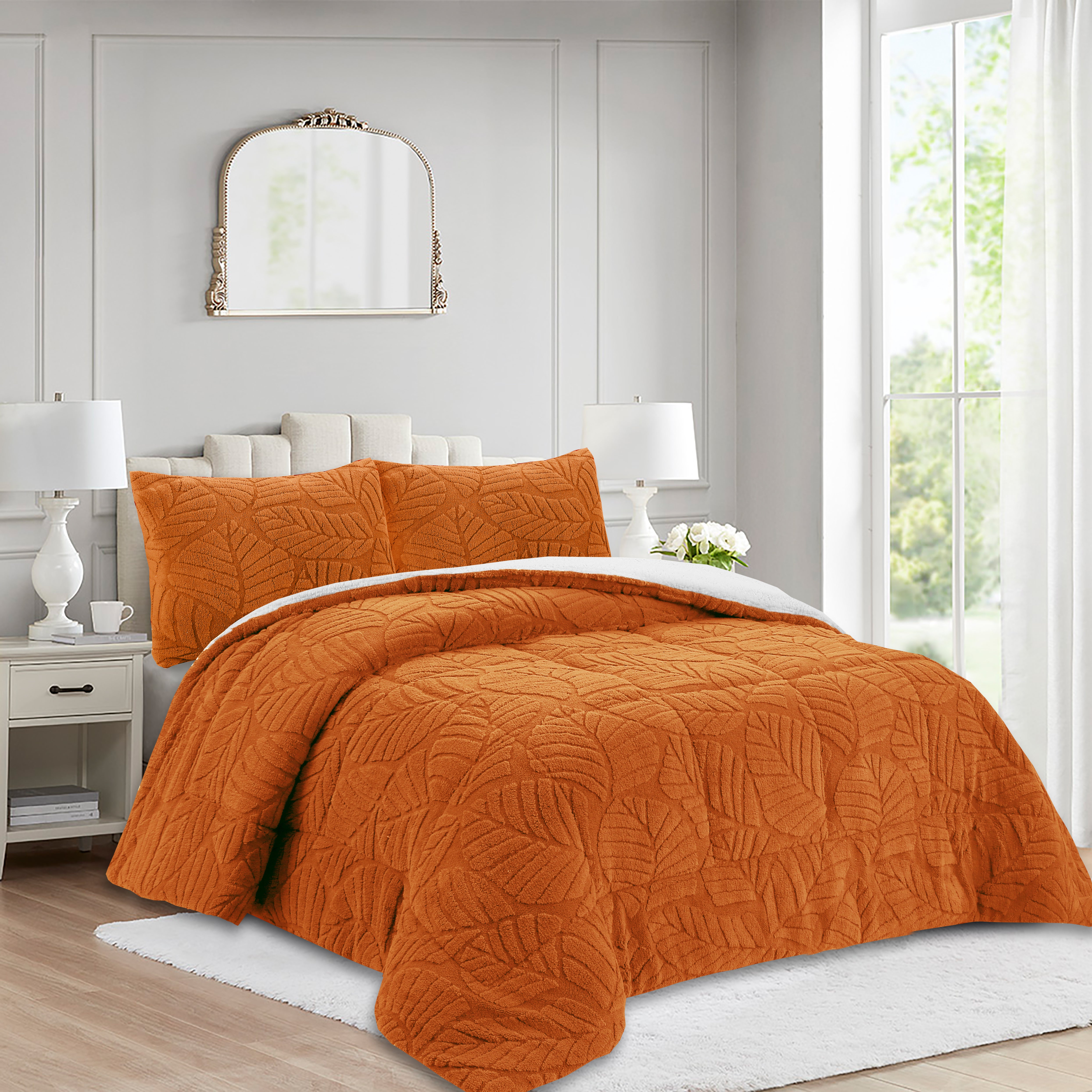 Soft 3 Piece Leaf Pattern Jacquard Plush Comforter Set MEL