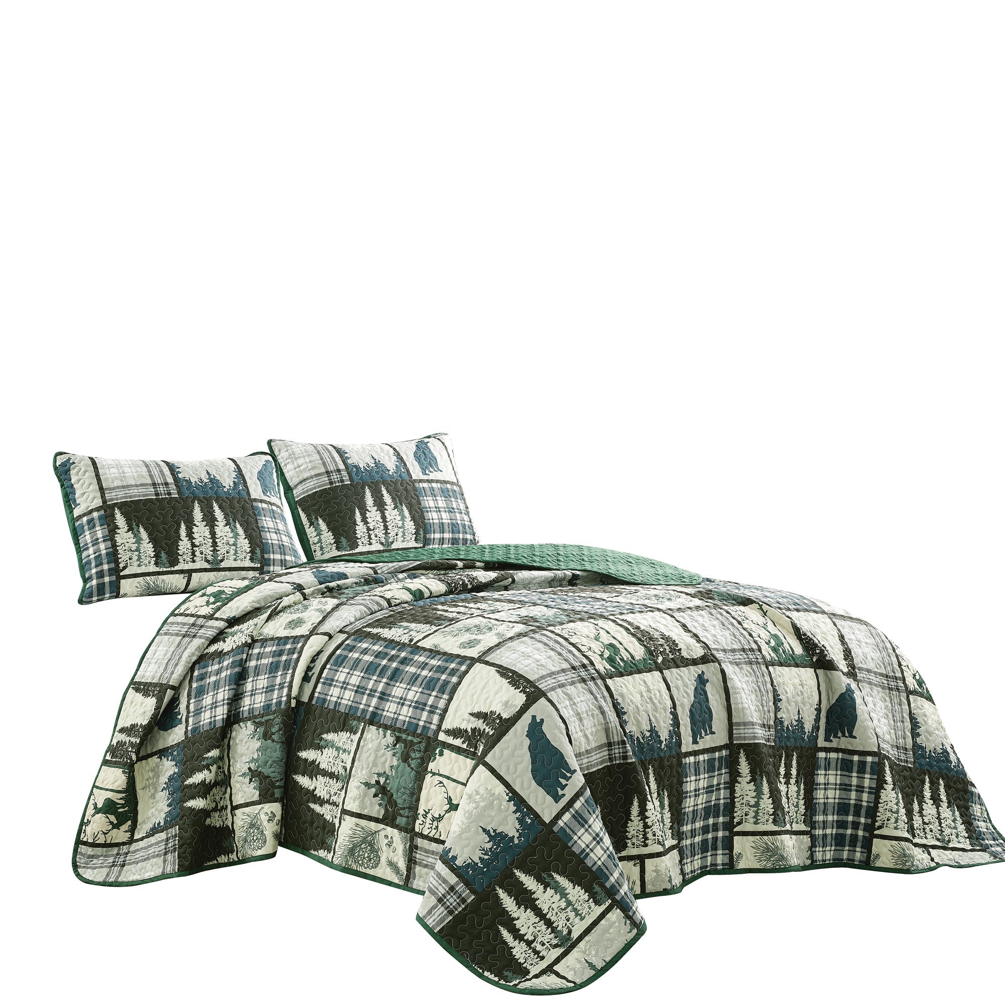 3 Piece Rustic Lodge Quilt Set - Bear Forest Plaid Bedspread 22672