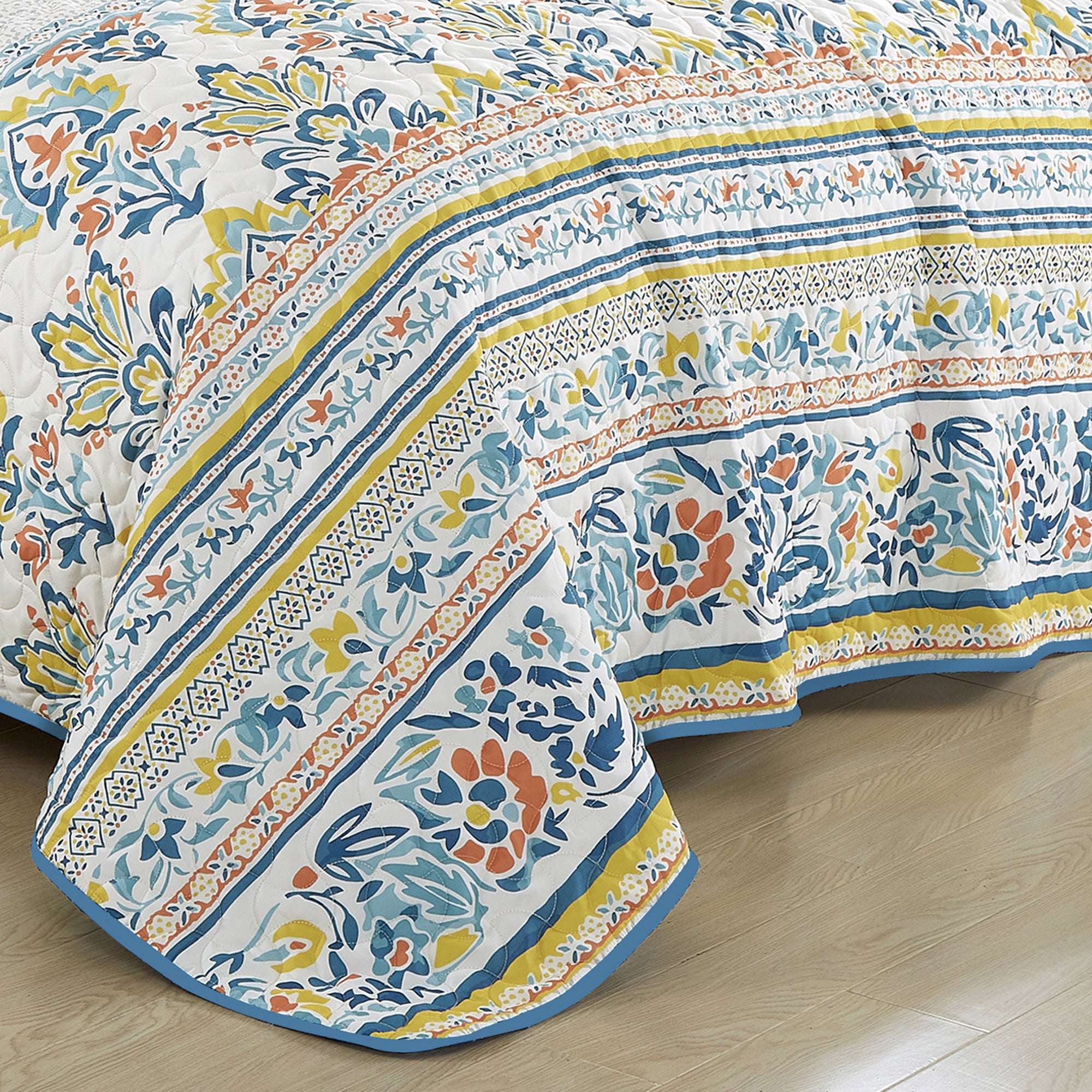 3-Piece Floral Reversible Boho Quilt Bedspread Set, Colorful Botanical Pattern Bedding JB22783
