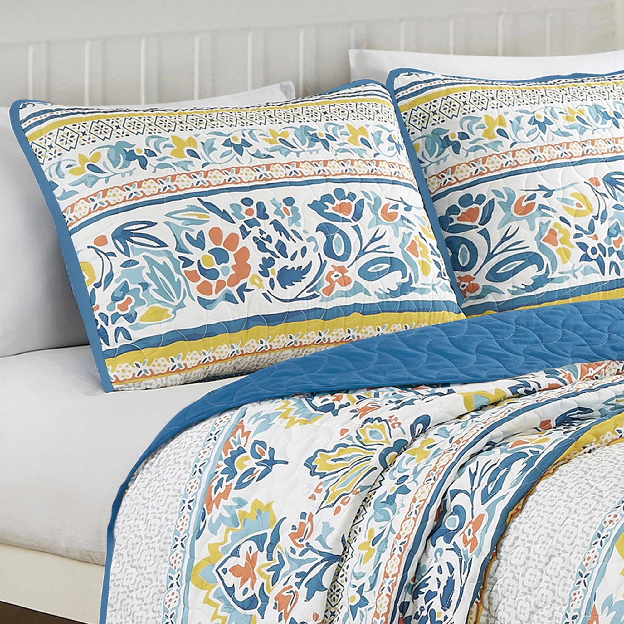3-Piece Floral Reversible Boho Quilt Bedspread Set, Colorful Botanical Pattern Bedding JB22783