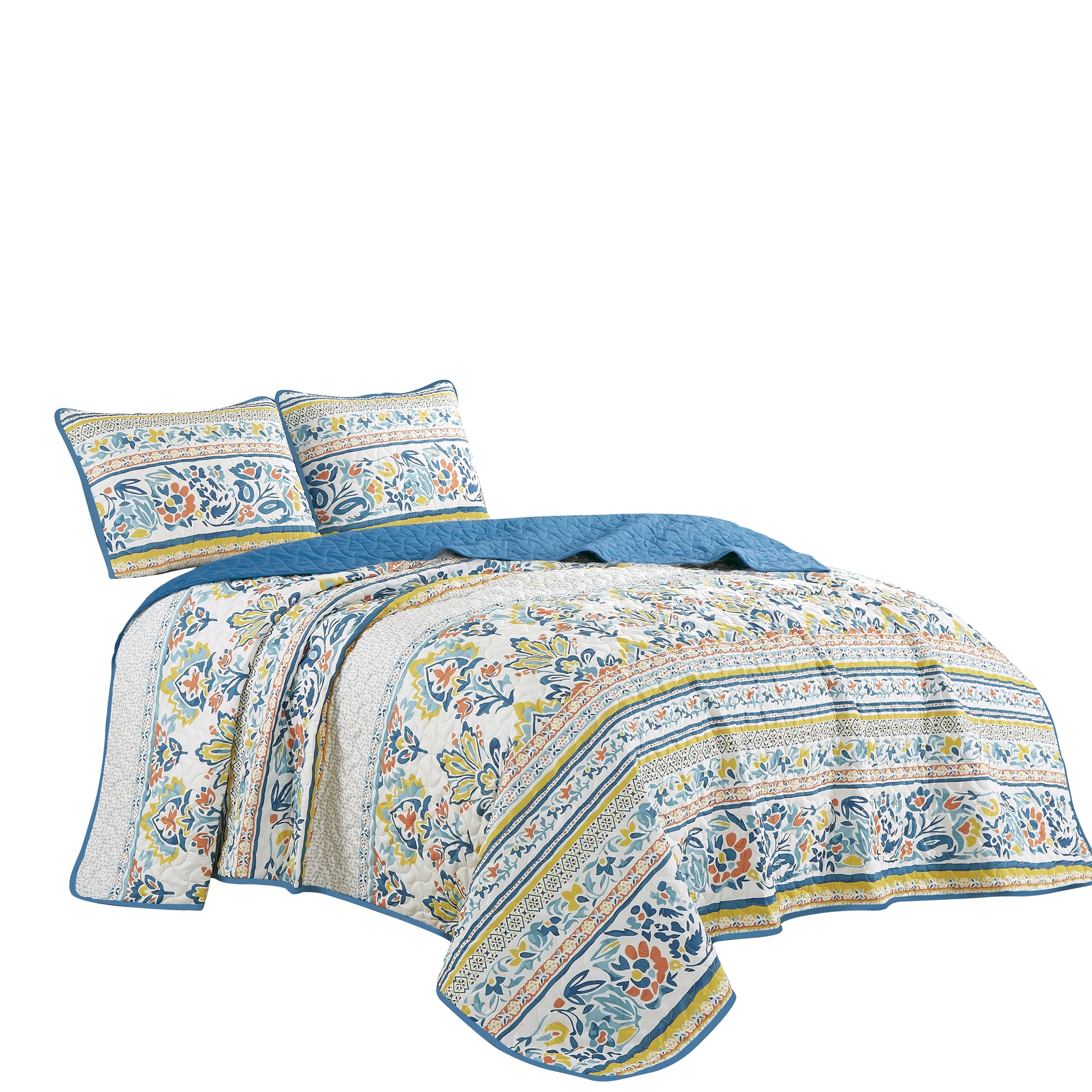3-Piece Floral Reversible Boho Quilt Bedspread Set, Colorful Botanical Pattern Bedding JB22783