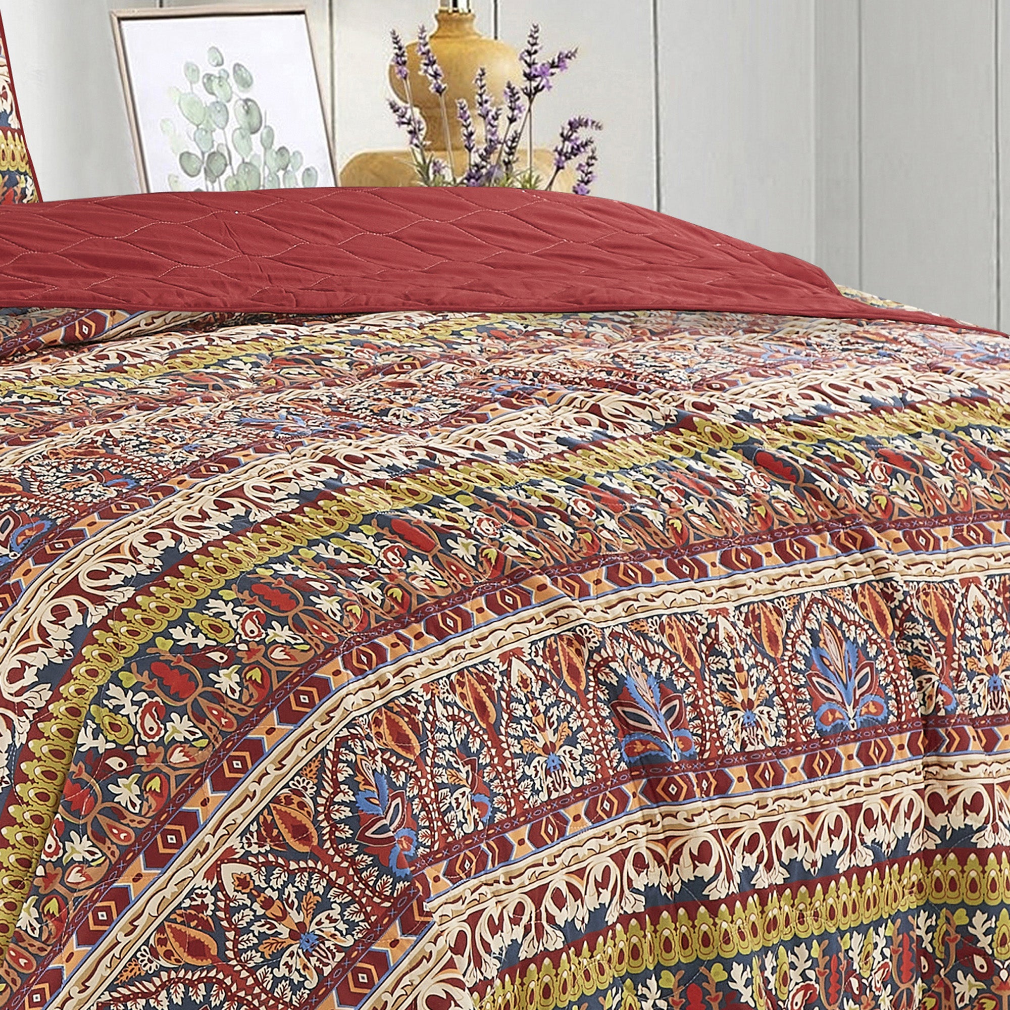 3-Piece Cozy Bohemian Reversible Quilt Bedspread Set in Bold Multicolor Pattern JB22785