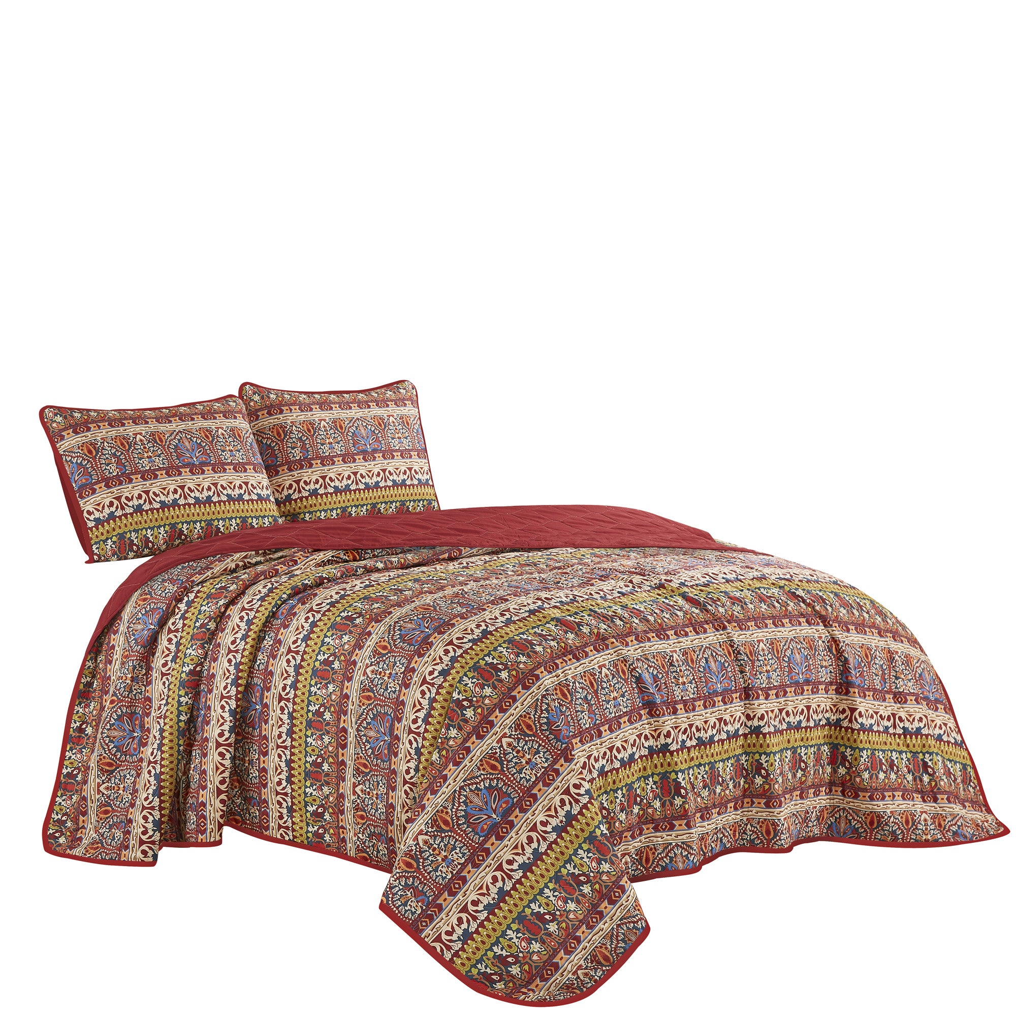 3-Piece Cozy Bohemian Reversible Quilt Bedspread Set in Bold Multicolor Pattern JB22785