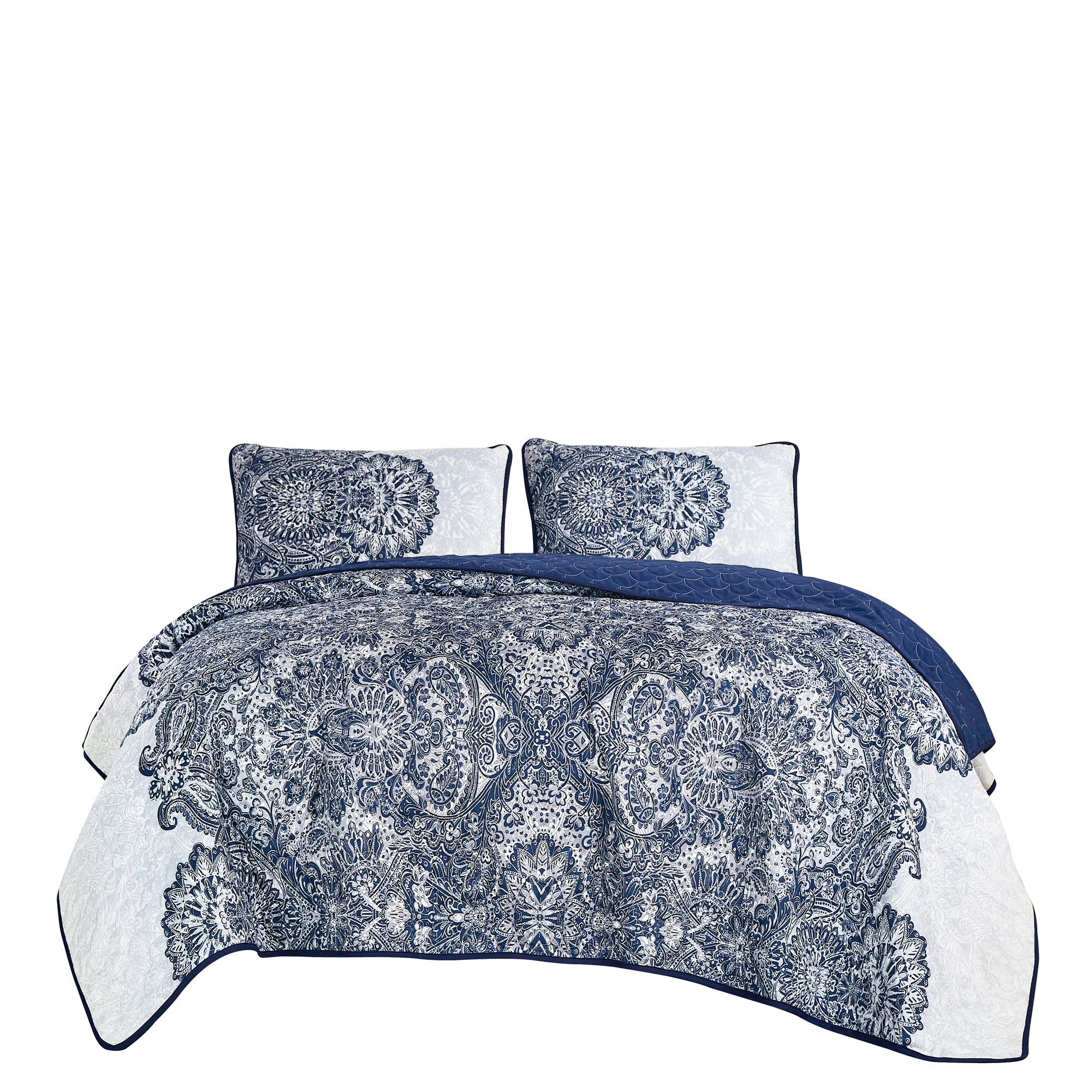 3 Piece Lightweight Reversible Navy Medallion Quilt Bedspread Set JB22985