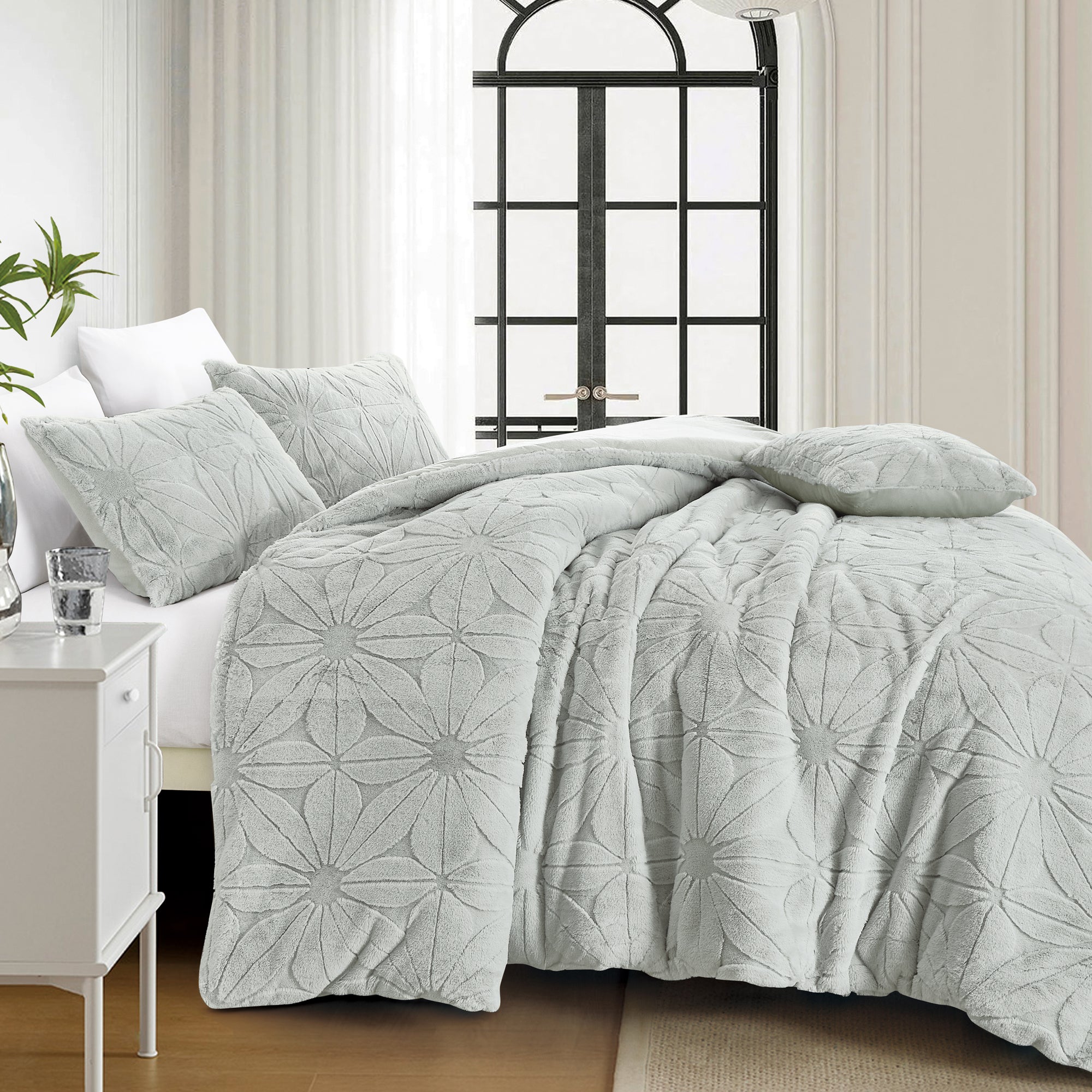 4-Piece Textured Floral Faux Fur Comforter Set with Velvet Backing