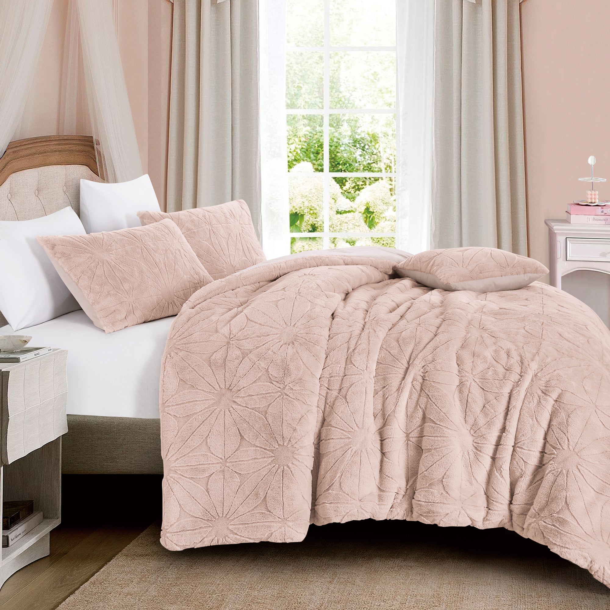 4-Piece Textured Floral Faux Fur Comforter Set with Velvet Backing