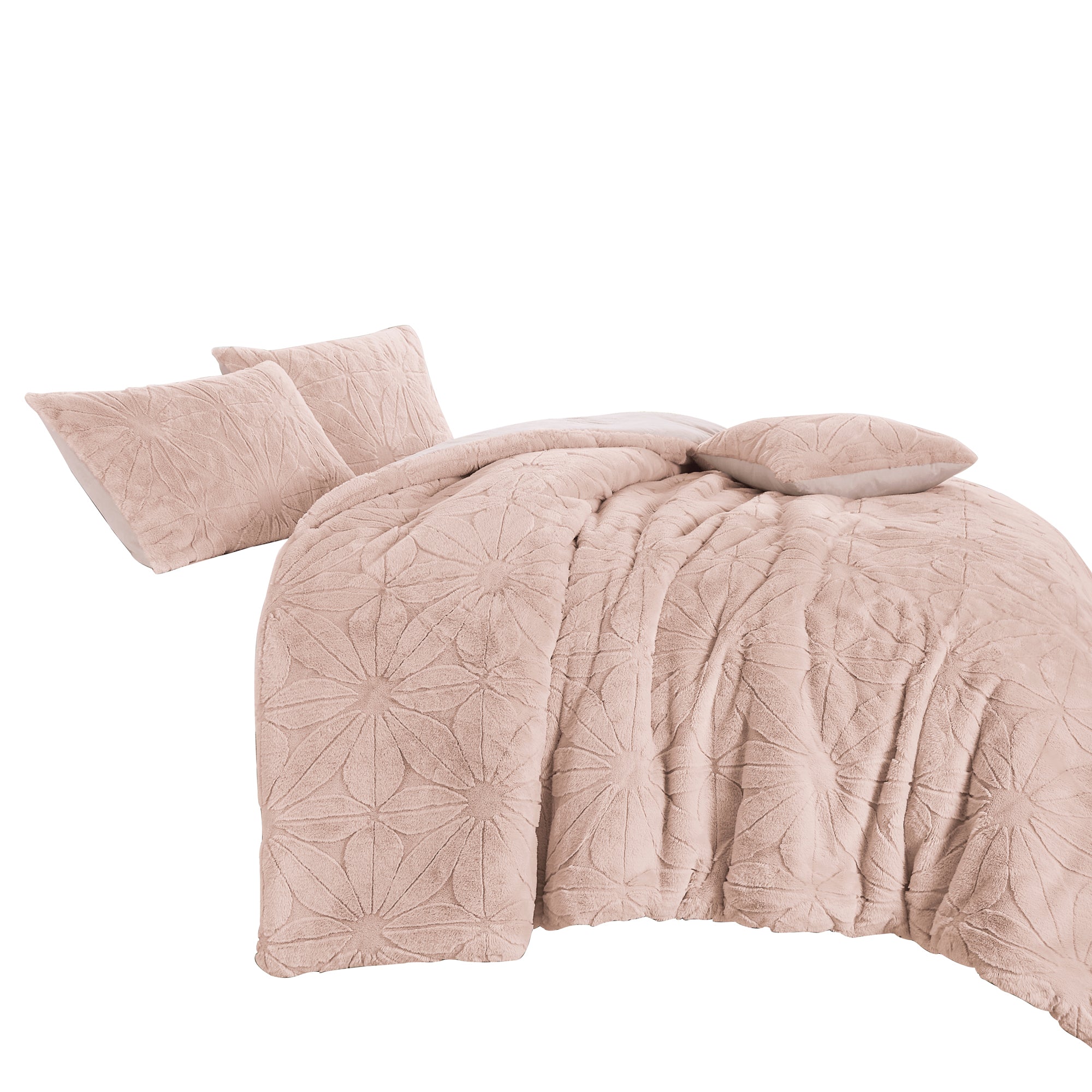 4-Piece Textured Floral Faux Fur Comforter Set with Velvet Backing