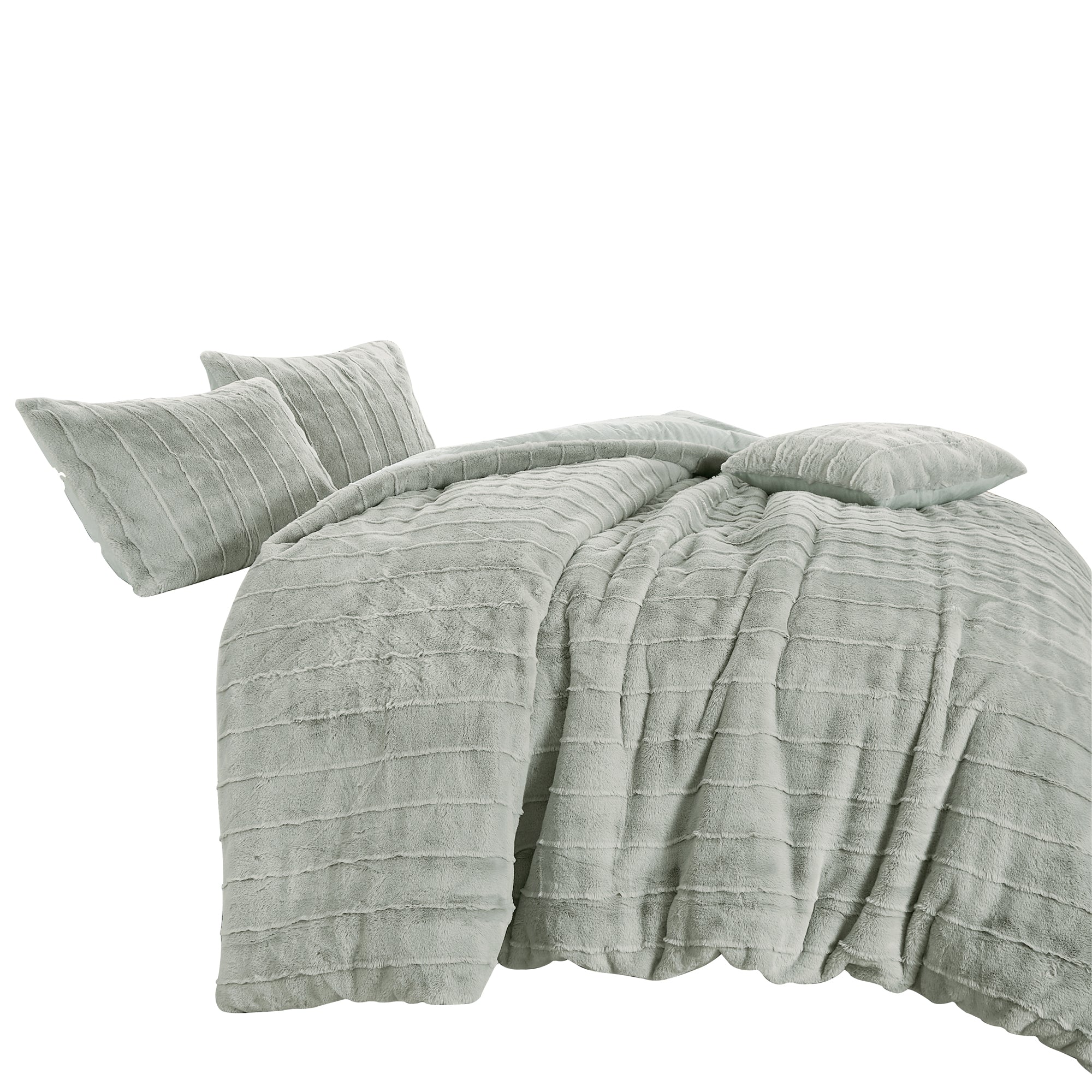 4-Piece Textured Stripe Faux Fur Comforter Set with Velvet Backing