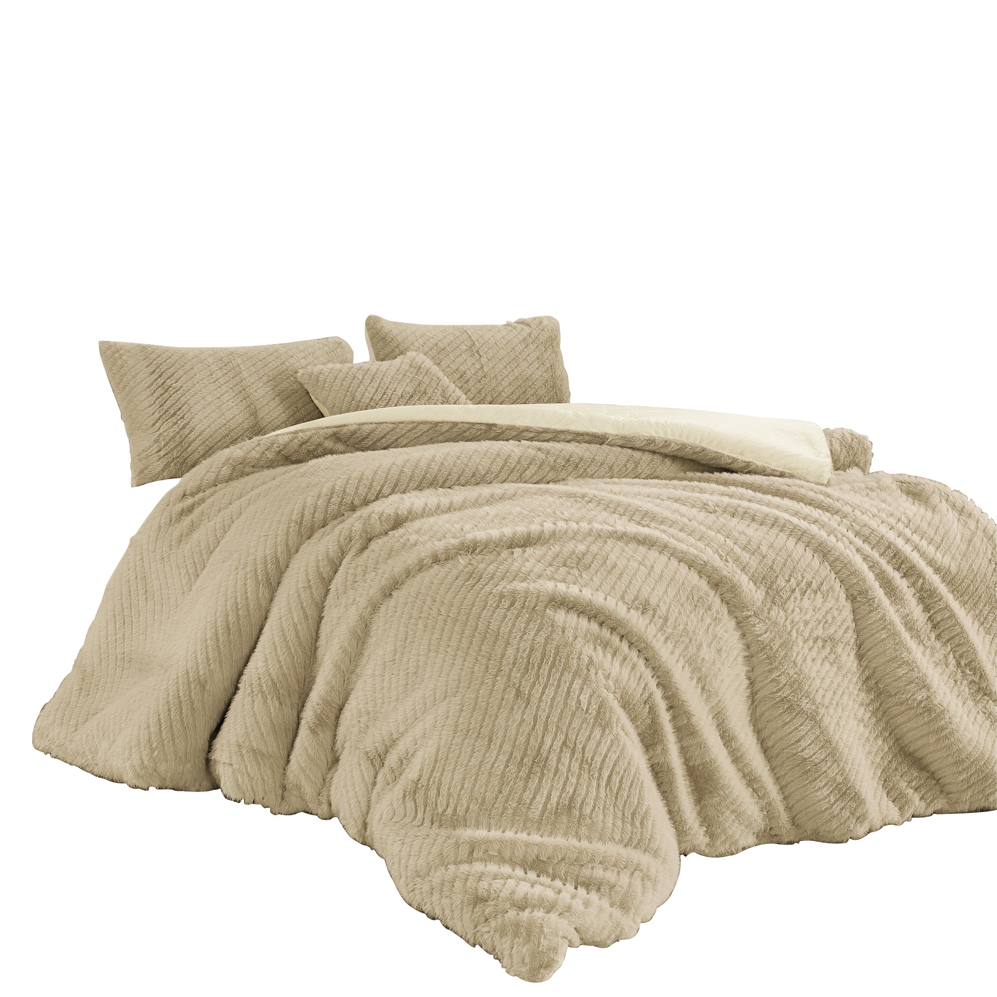 4-Piece Textured Diagonal Stripe Faux Fur Comforter Set with Velvet Backing