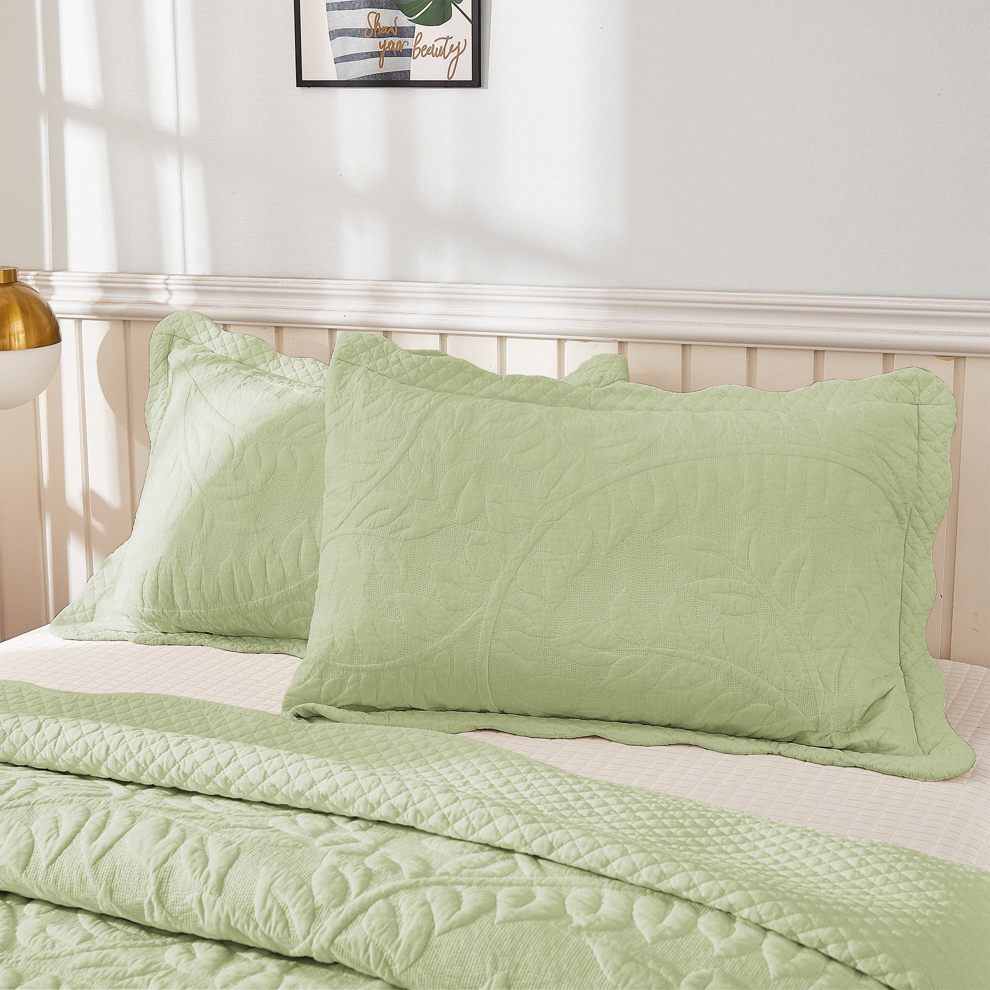 2-Piece 100% Cotton Quilted Pillow Shams Embroidered Farmhouse Pillow Shams