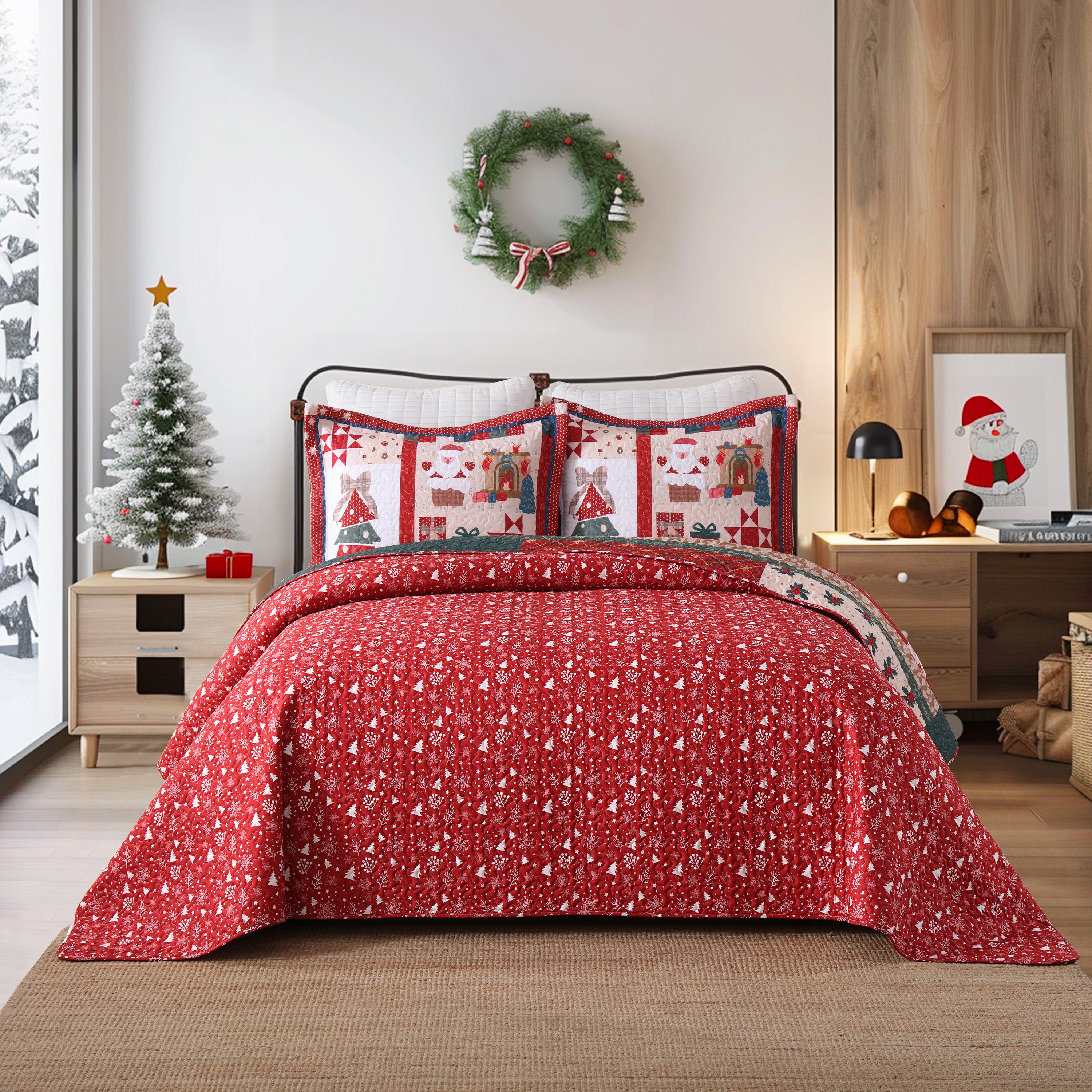 3 Piece Reversible Polyester Vintage Christmas Patchwork Quilt Set Holiday Bedspread BY220