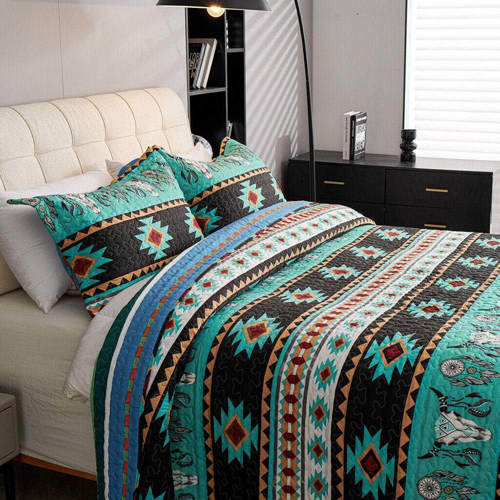 3 Piece Boho Colorful Geometric Printed Quilt Bedspread Set SS