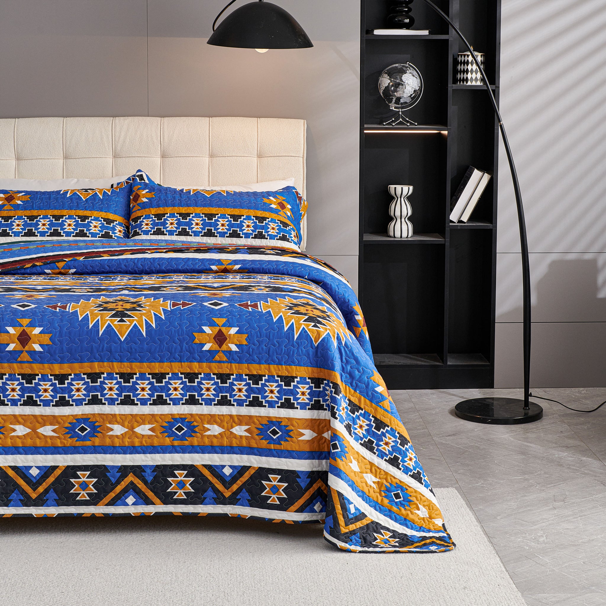 3 Pcs Boho Colorful Polyester Quilt Set, Geometry Printed Bedspread Coverlet Set with 2 Pillowcases,Soft Bohemian Bedding Set