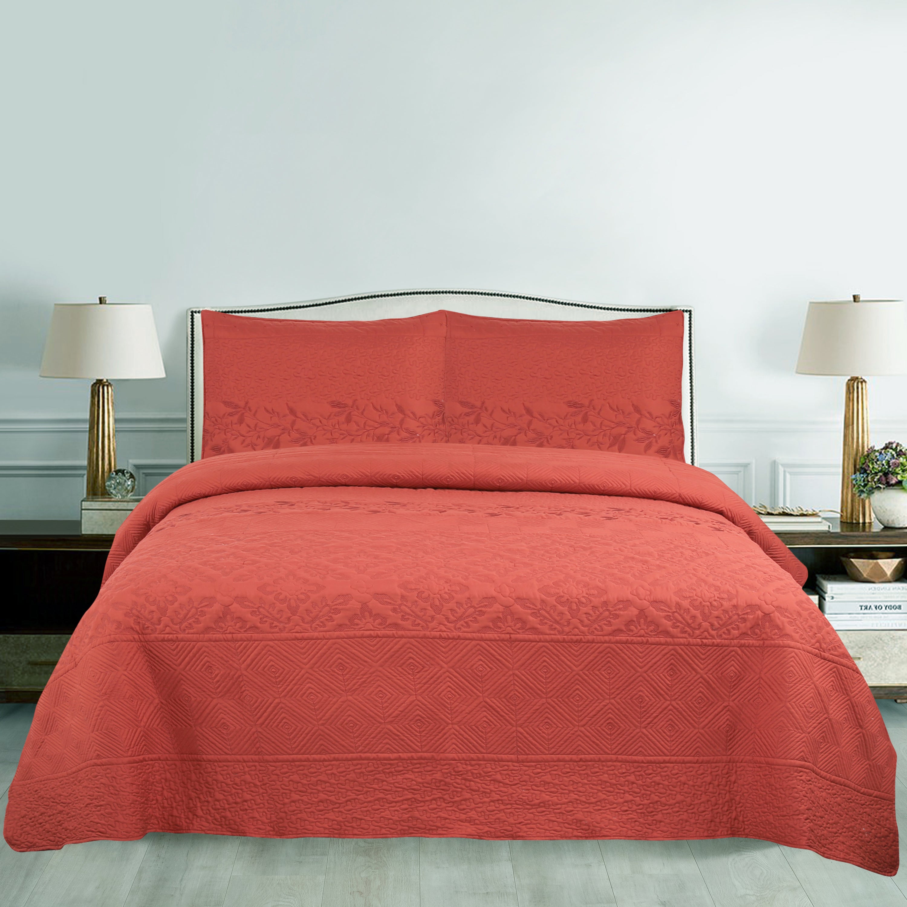 3 Piece Elegant Embroidered Quilt Set – Textured Floral & Geometric Bedspread