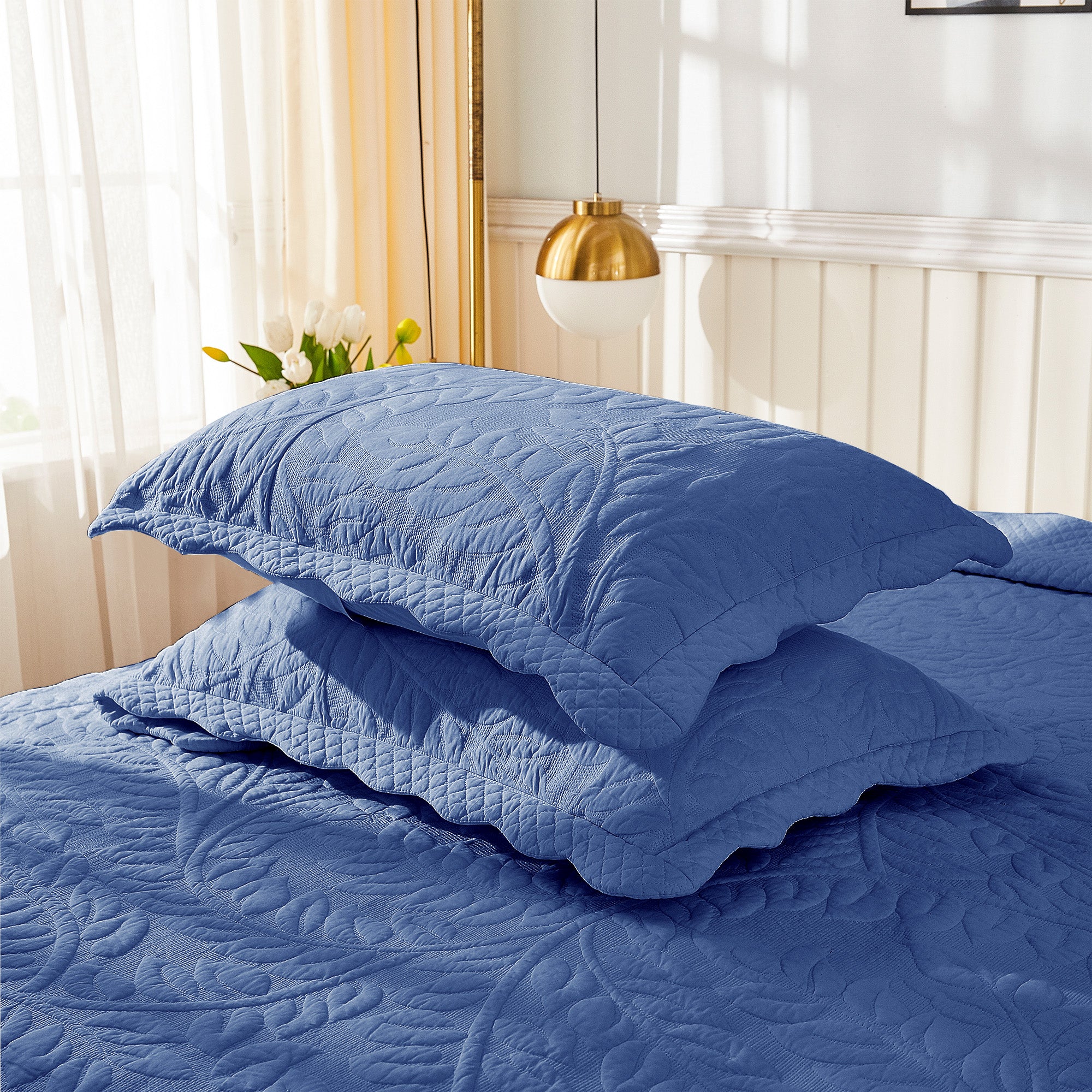 2-Piece 100% Cotton Quilted Pillow Shams Embroidered Farmhouse Pillow Shams