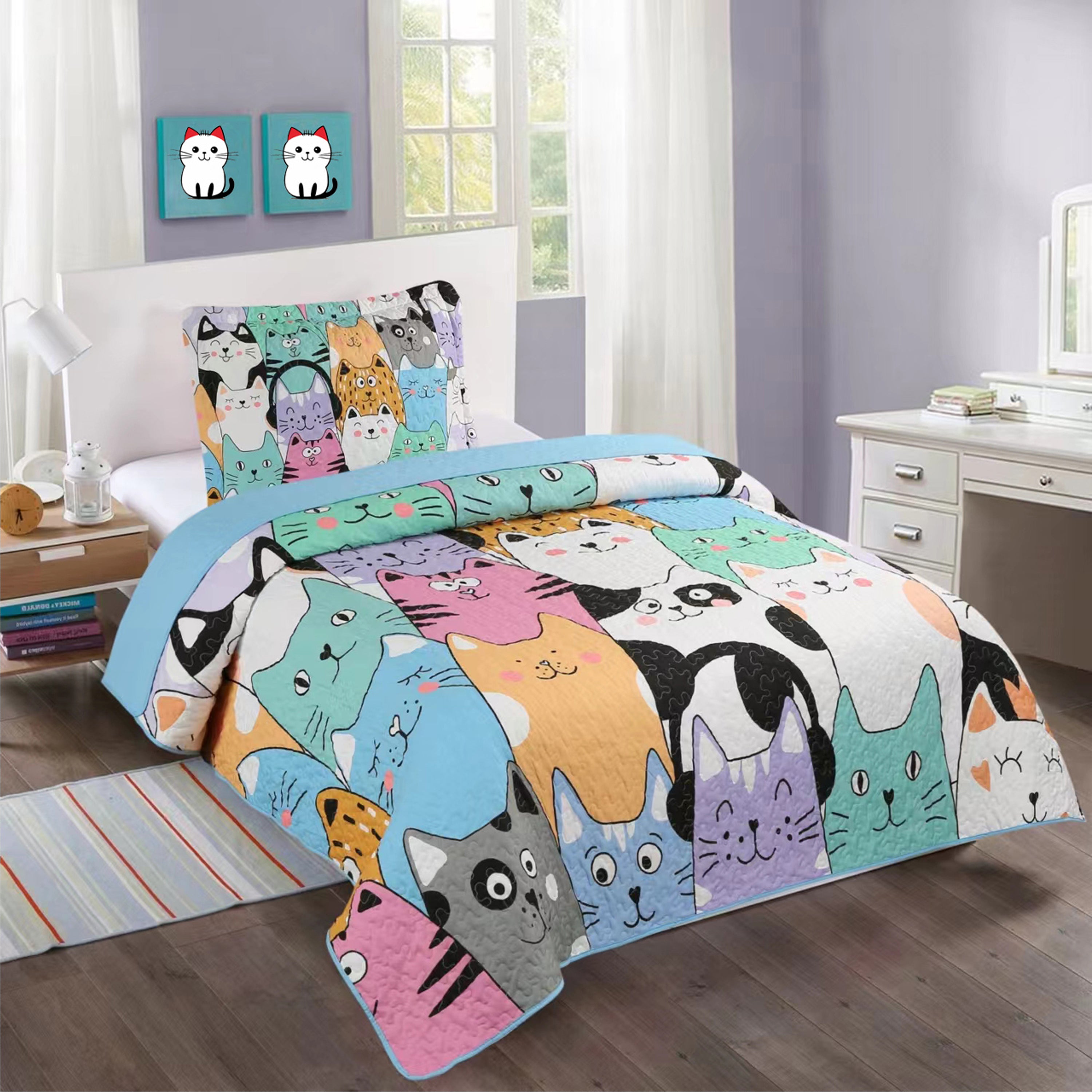 3 Piece Cat Print Quilt Set for Kids - Colorful Bedspread WX202