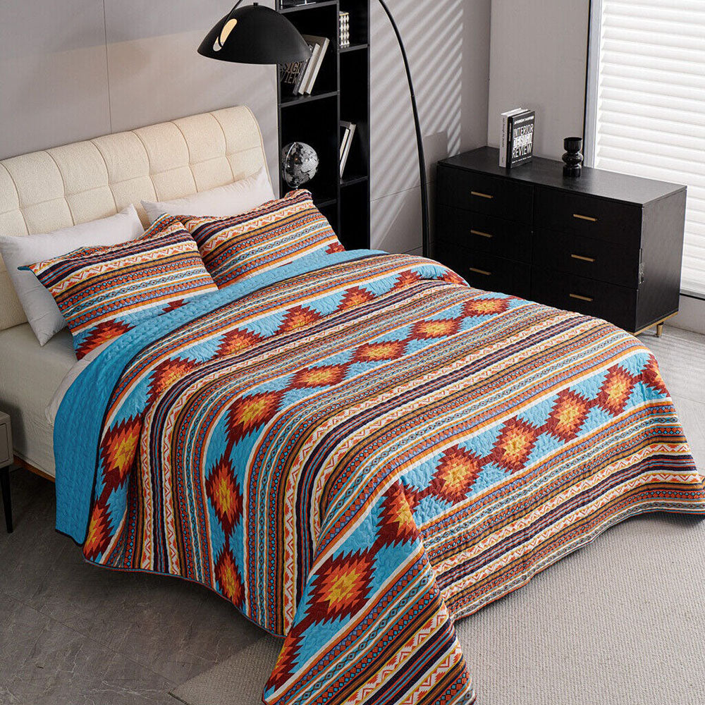 3 Pcs Boho Colorful Polyester Quilt Set, Geometry Printed Bedspread Coverlet Set with 2 Pillowcases,Soft Bohemian Bedding Set