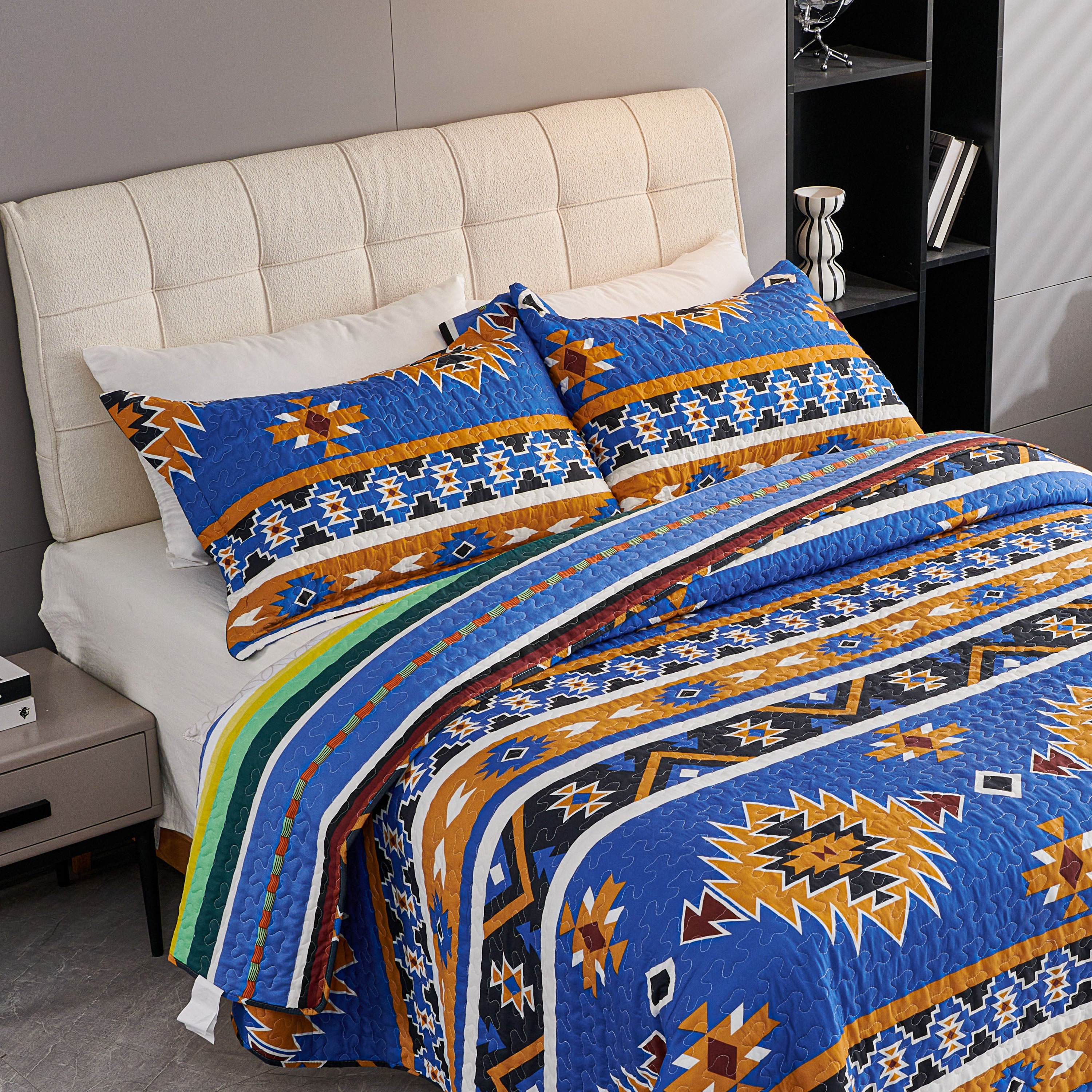 3 Piece Boho Colorful Geometric Printed Quilt Bedspread Set SS