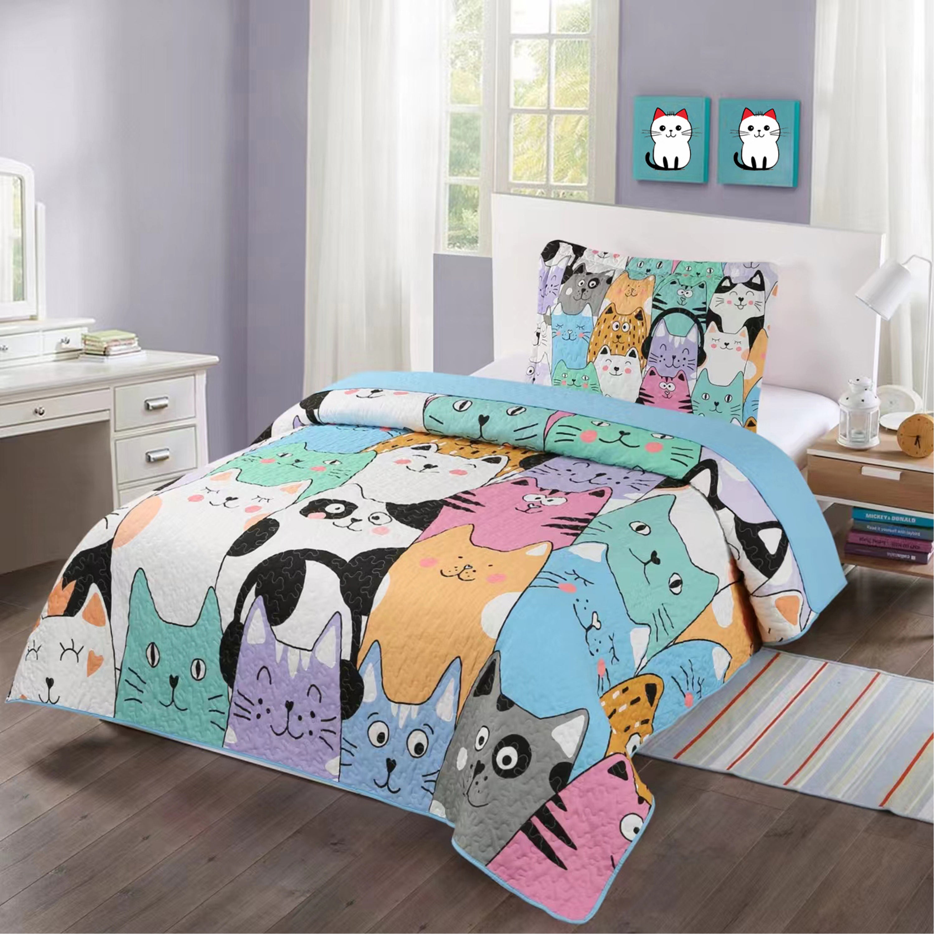 3 Piece Cat Print Quilt Set for Kids - Colorful Bedspread WX202