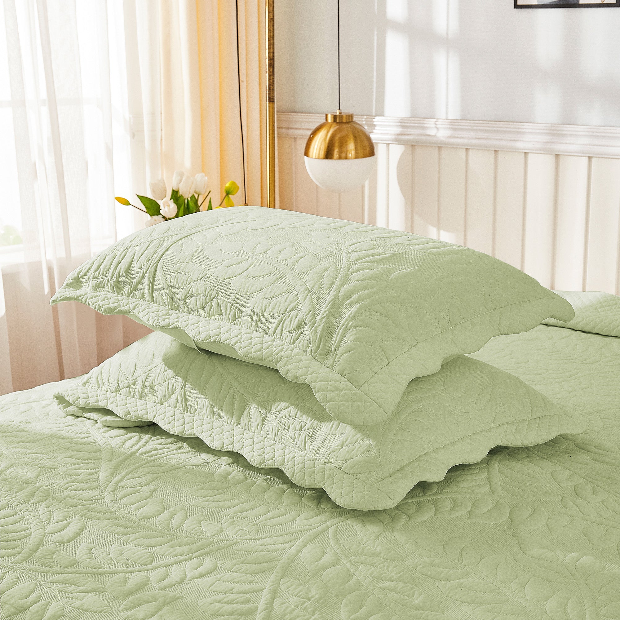 2-Piece 100% Cotton Quilted Pillow Shams Embroidered Farmhouse Pillow Shams