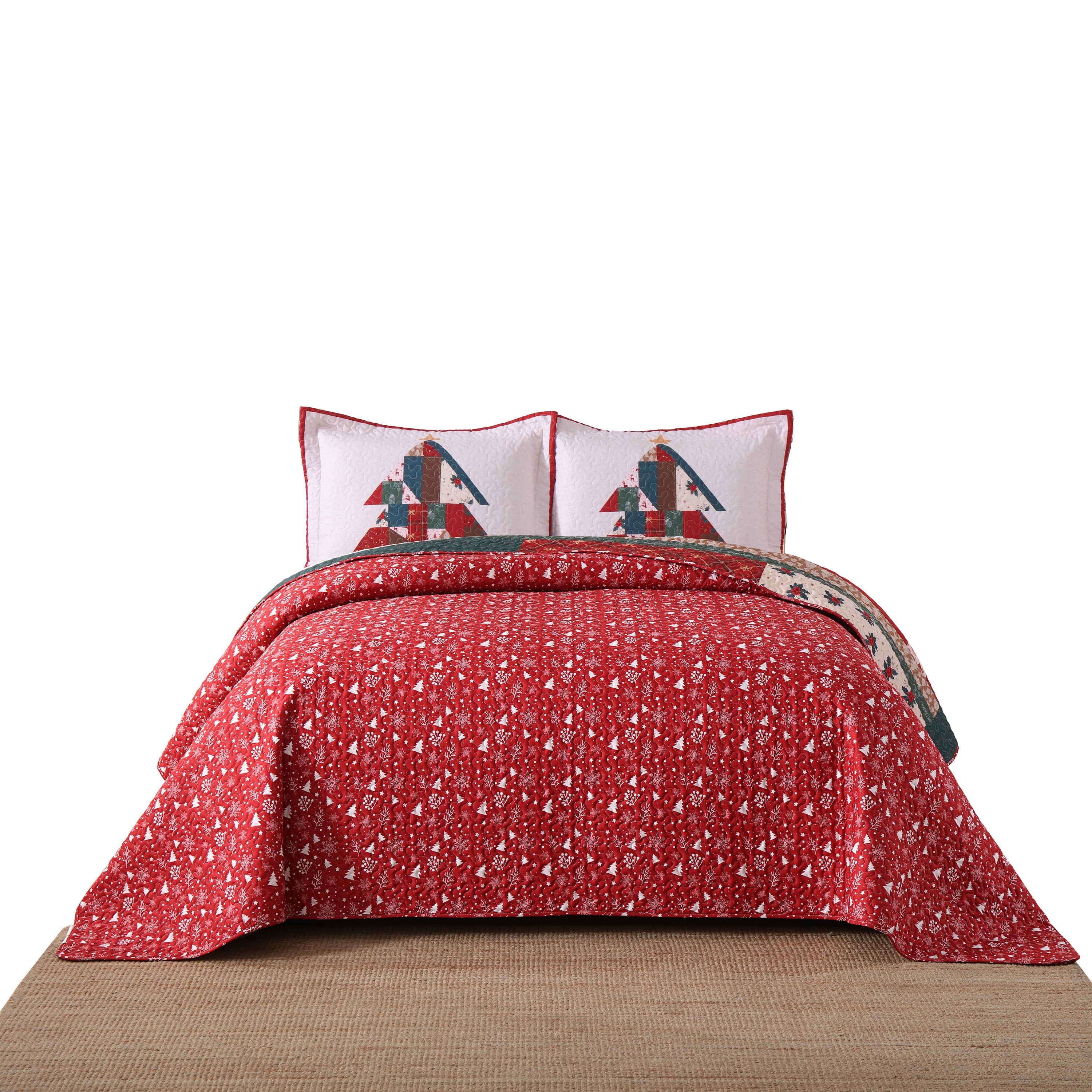 3 Piece Reversible Polyester Christmas Tree Patchwork Quilt Set - Holiday Bedspread Set BY218