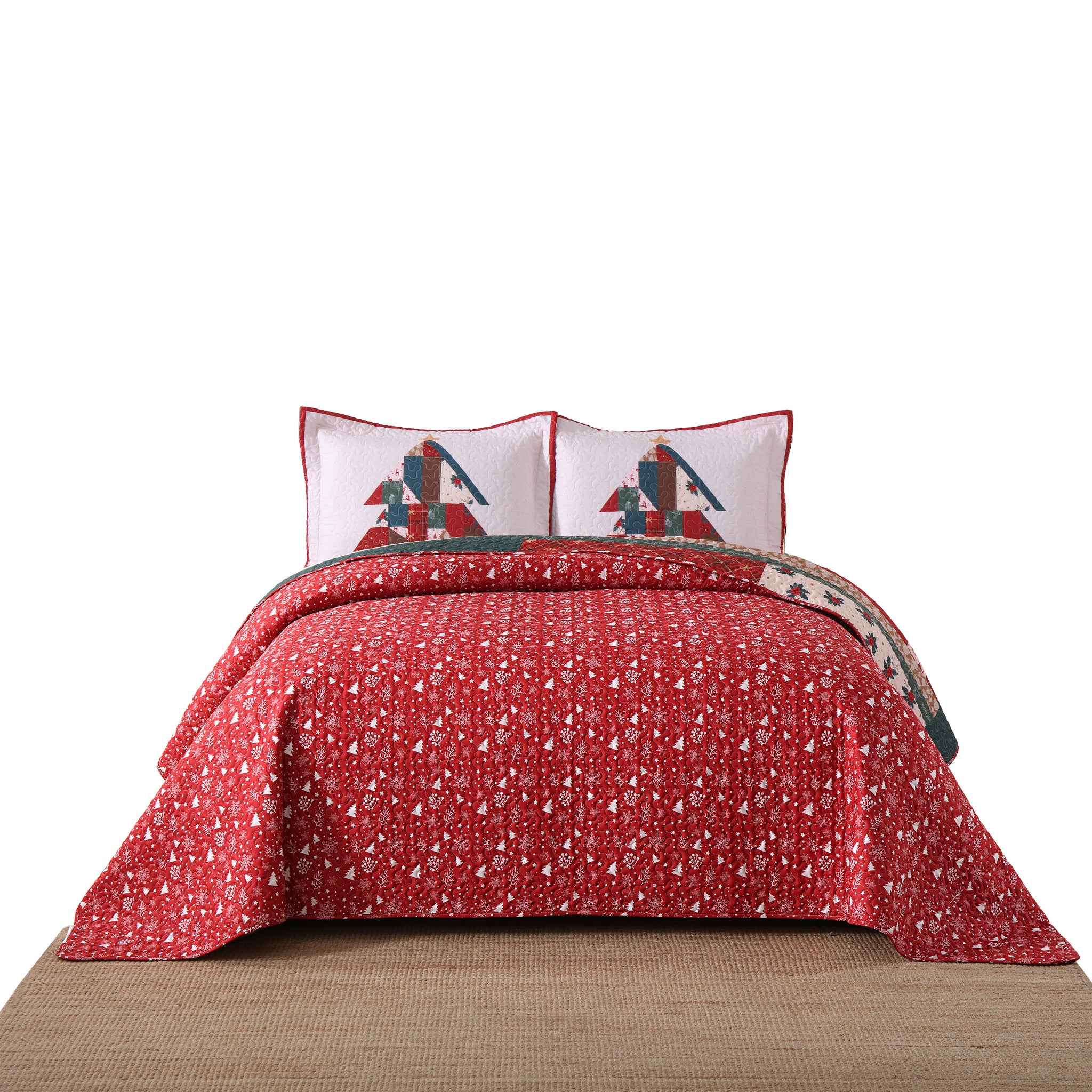 3 Pcs Patchwork Christmas Tree Quilt Set – Reversible Holiday Bedspread BY218