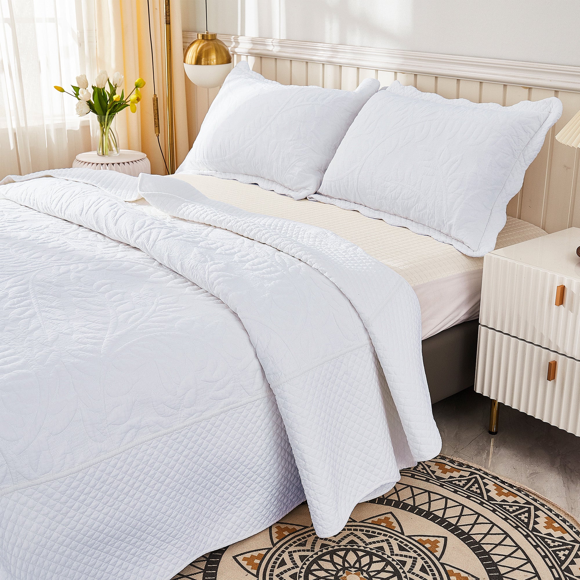 3 Piece 100% Cotton Embroidered Quilt Set – Botanical Farmhouse Bedspread