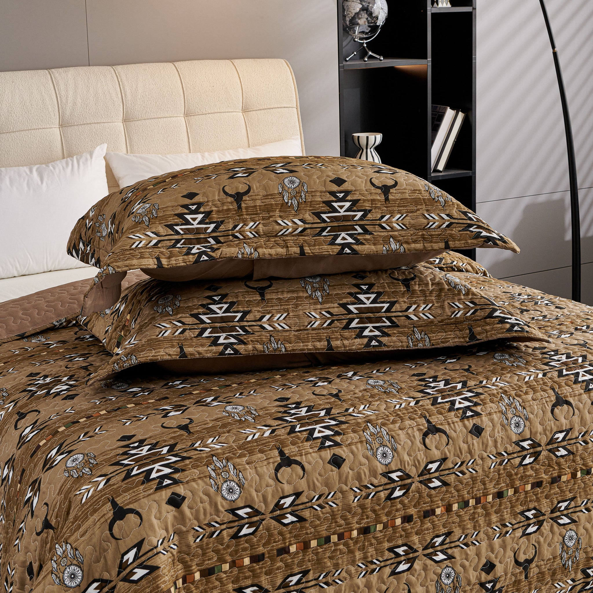3 Pcs Boho Colorful Polyester Quilt Set, Geometry Printed Bedspread Coverlet Set with 2 Pillowcases,Soft Bohemian Bedding Set