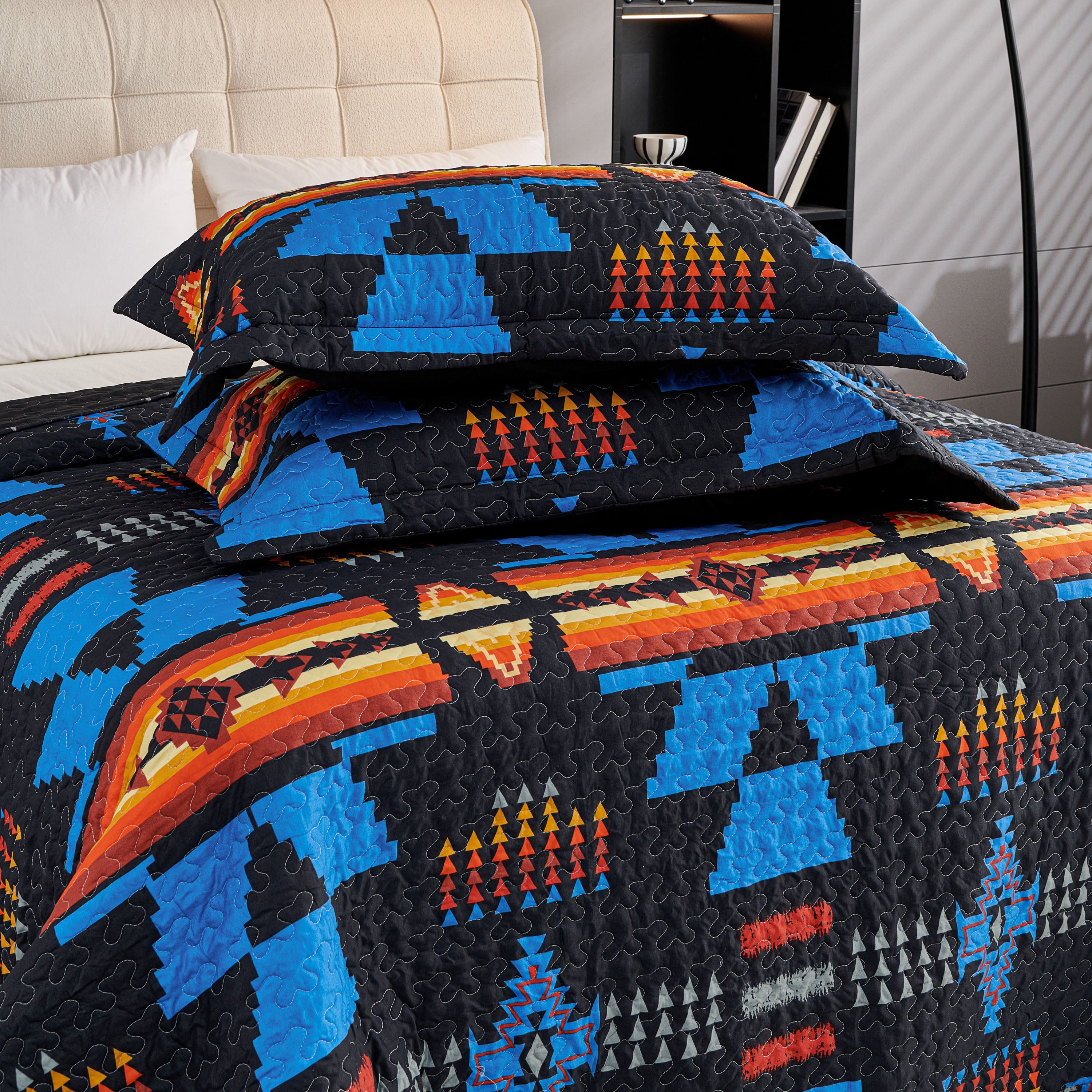 3 Piece Boho Colorful Geometric Printed Quilt Bedspread Set SS
