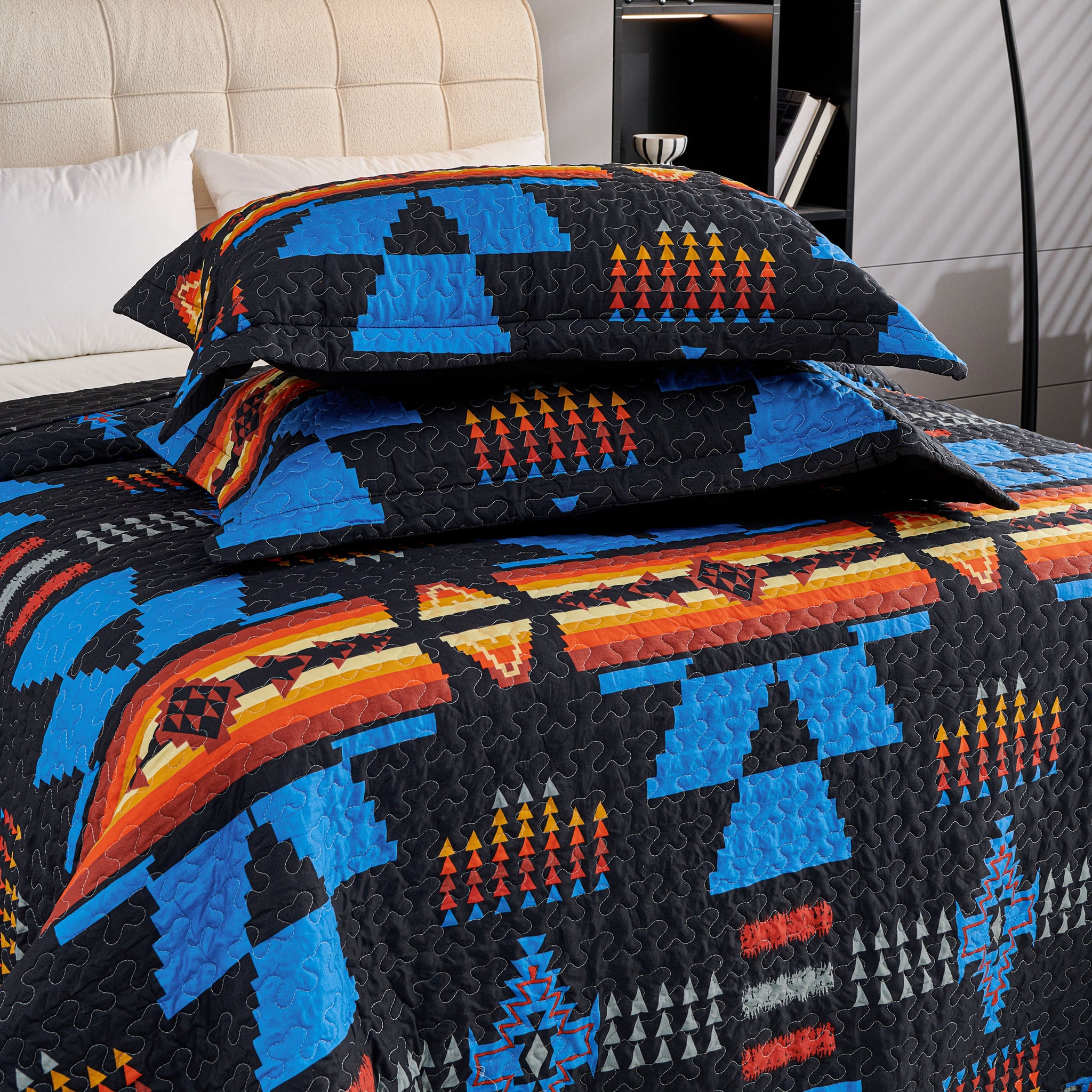 3 Pcs Boho Colorful Polyester Quilt Set, Geometry Printed Bedspread Coverlet Set with 2 Pillowcases,Soft Bohemian Bedding Set